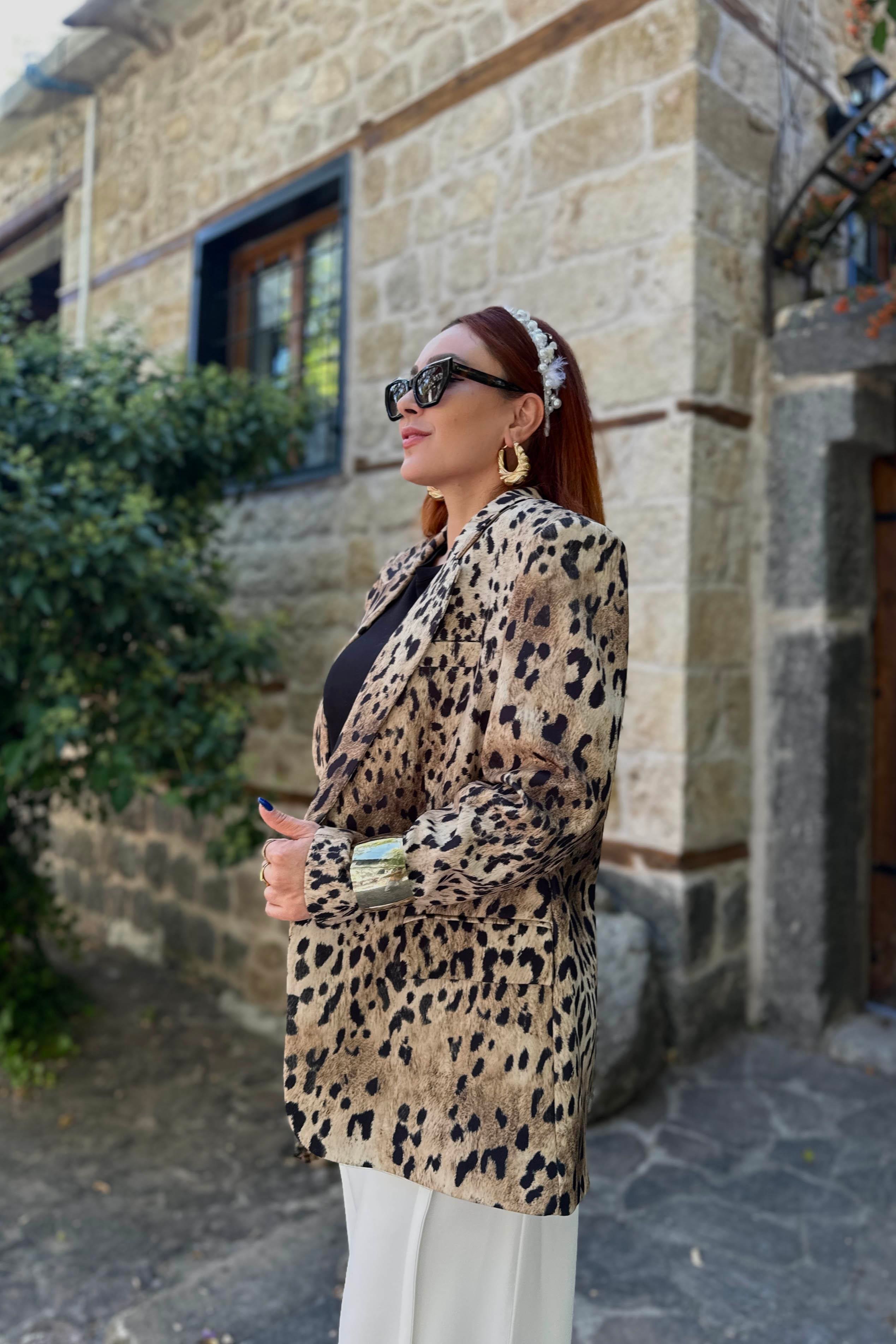 Leopar Desenli Blazer Ceket
