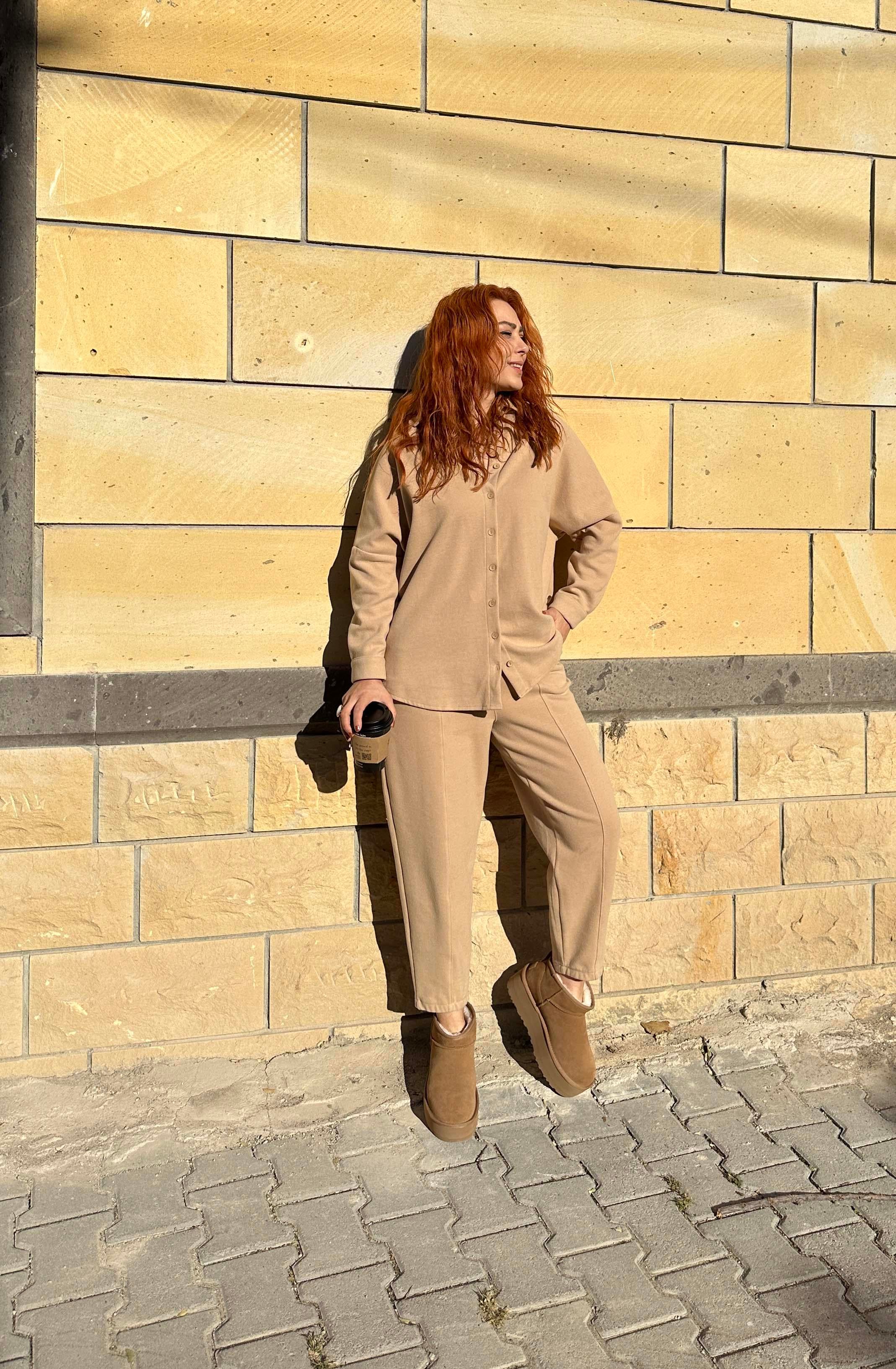 Mango Model Kaşe Şalvar Takım Süt Kahve