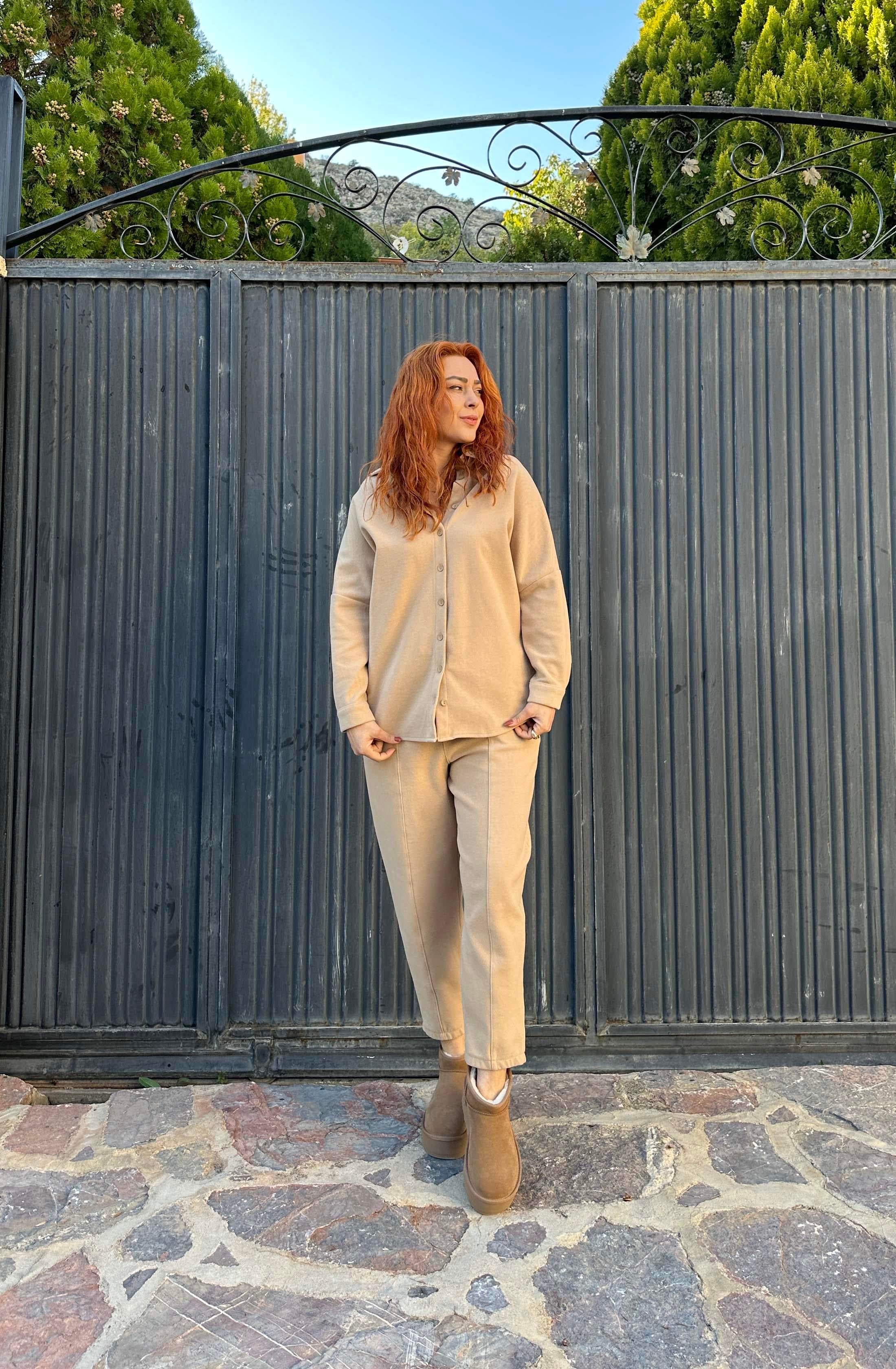 Mango Model Kaşe Şalvar Takım Süt Kahve
