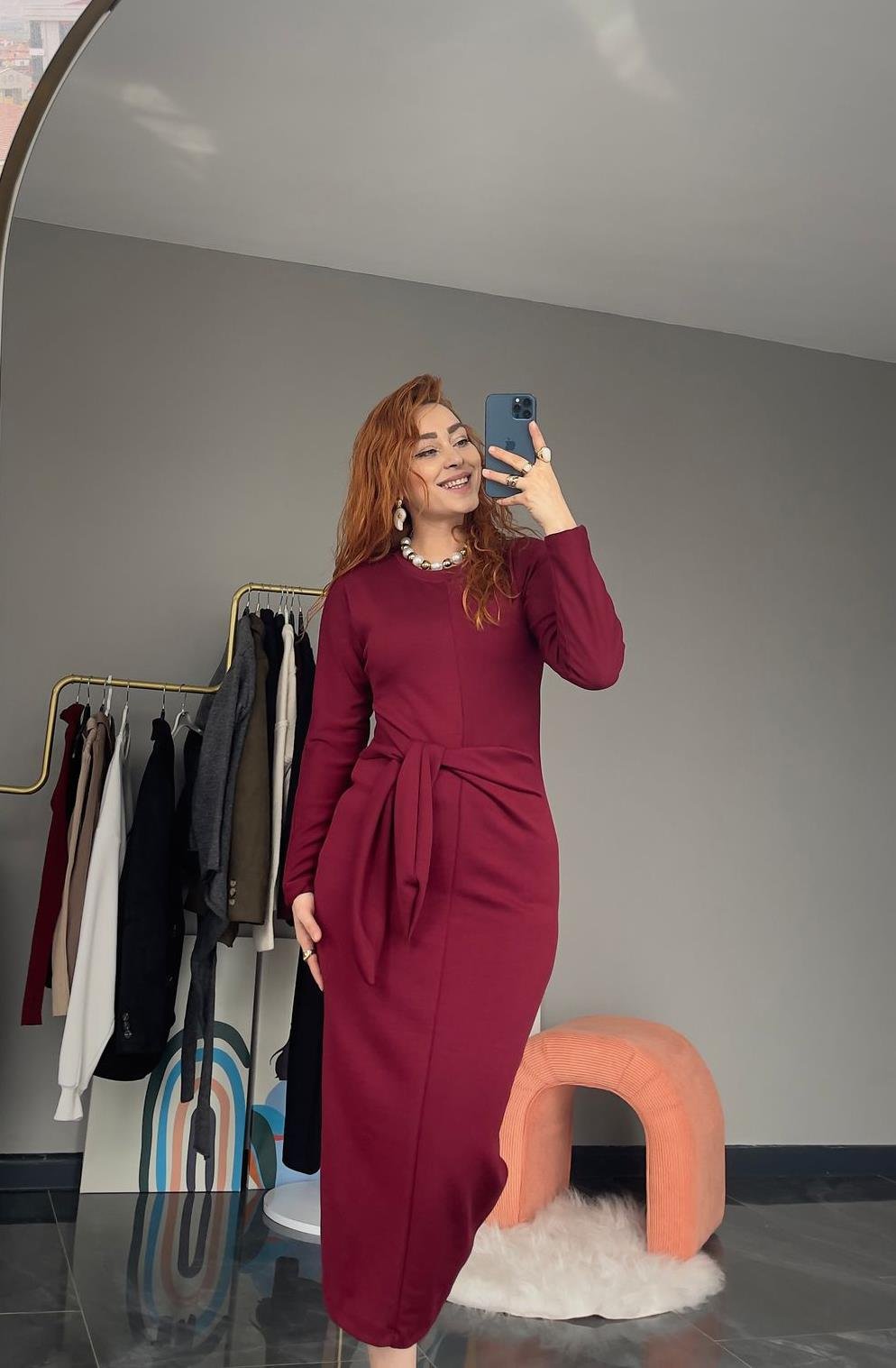 Yandan Bağlama Detaylı Elbise Bordo