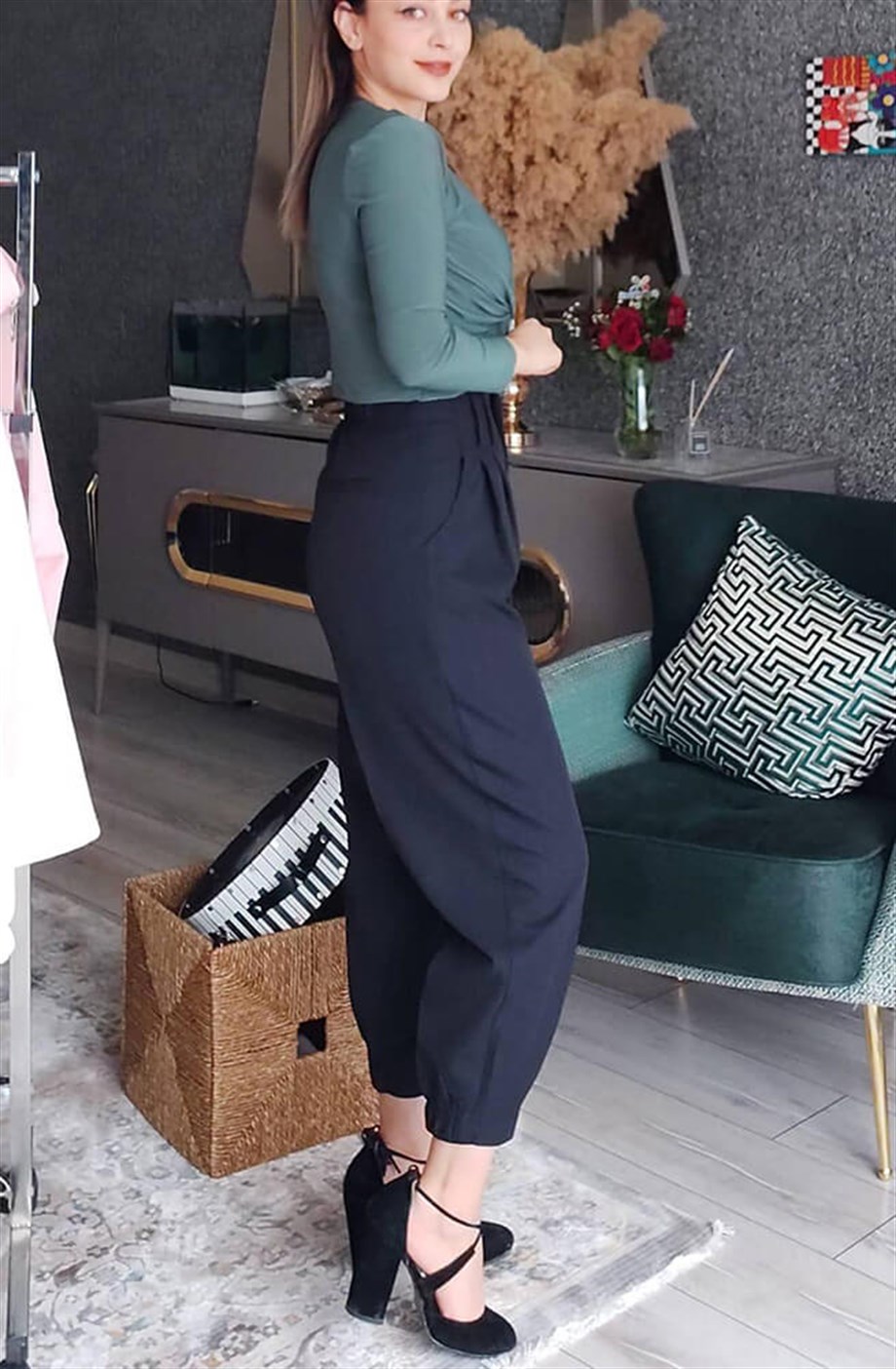 Önü Büzgülü Crop Bluz Petrol Yeşil
