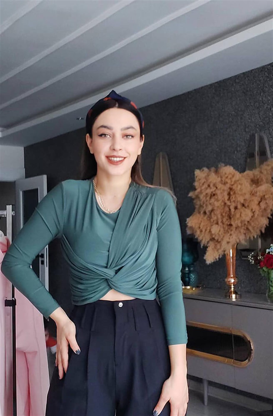 Önü Büzgülü Crop Bluz Petrol Yeşil