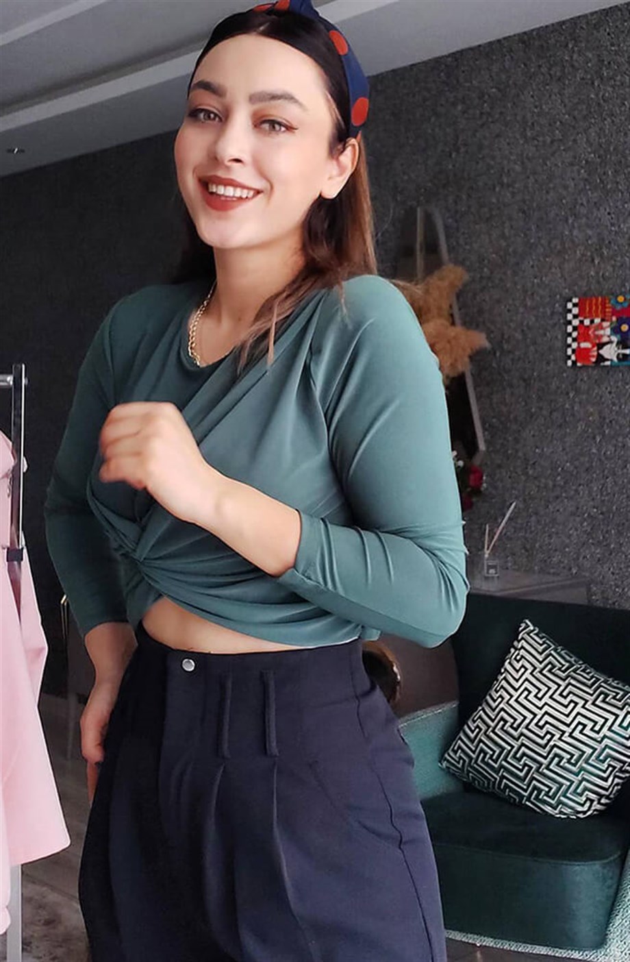 Önü Büzgülü Crop Bluz Petrol Yeşil