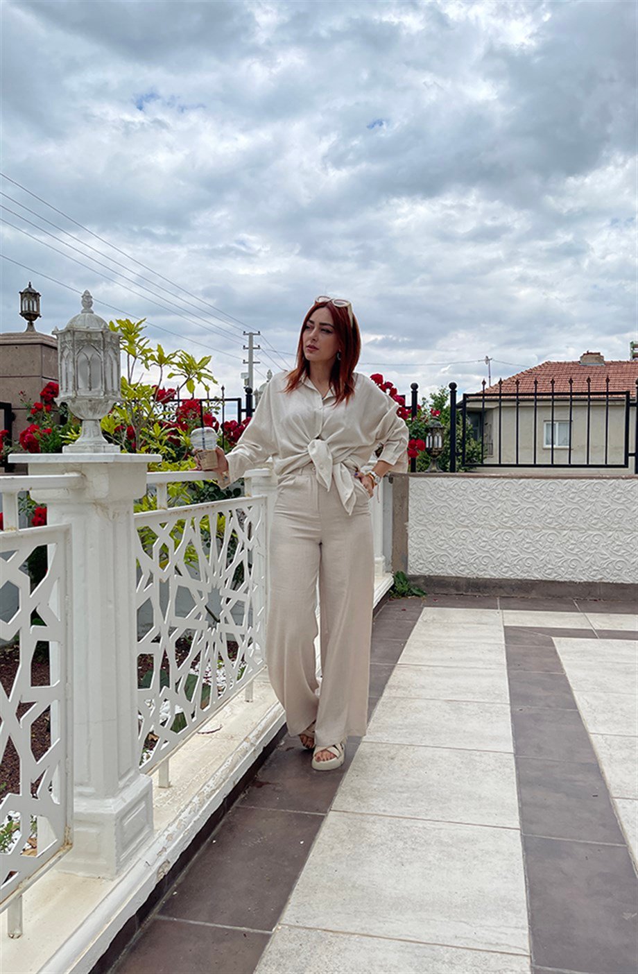 Yüksek Bel Keten Pantolon Taş Rengi