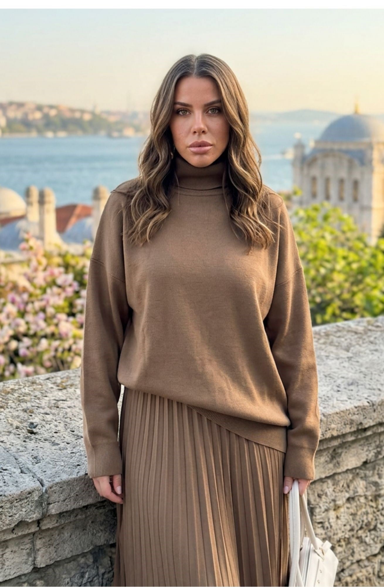 Süt Kahve Triko Etek Kazak Takım