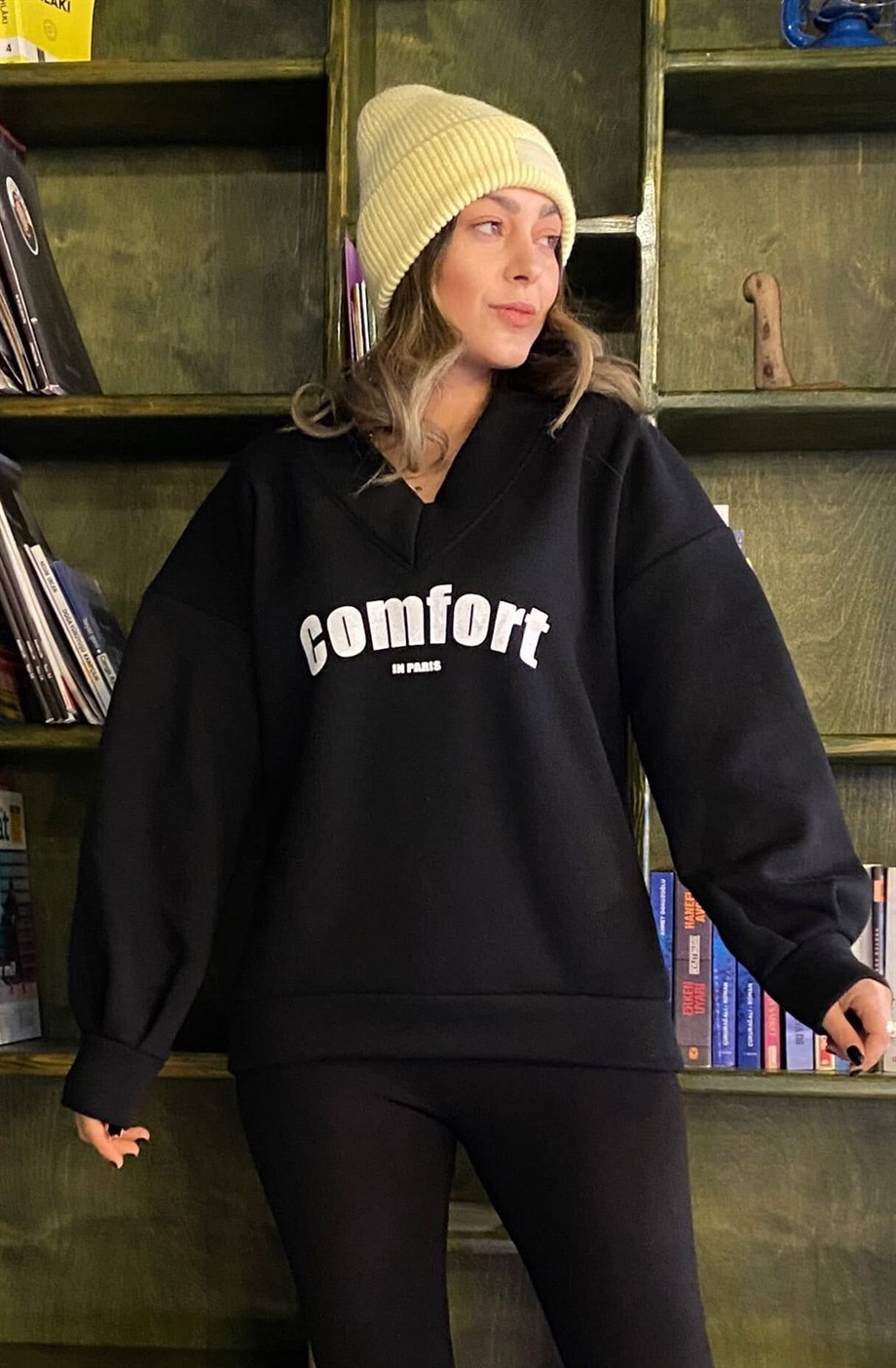 V Yaka Balon Kol Sweatshirt