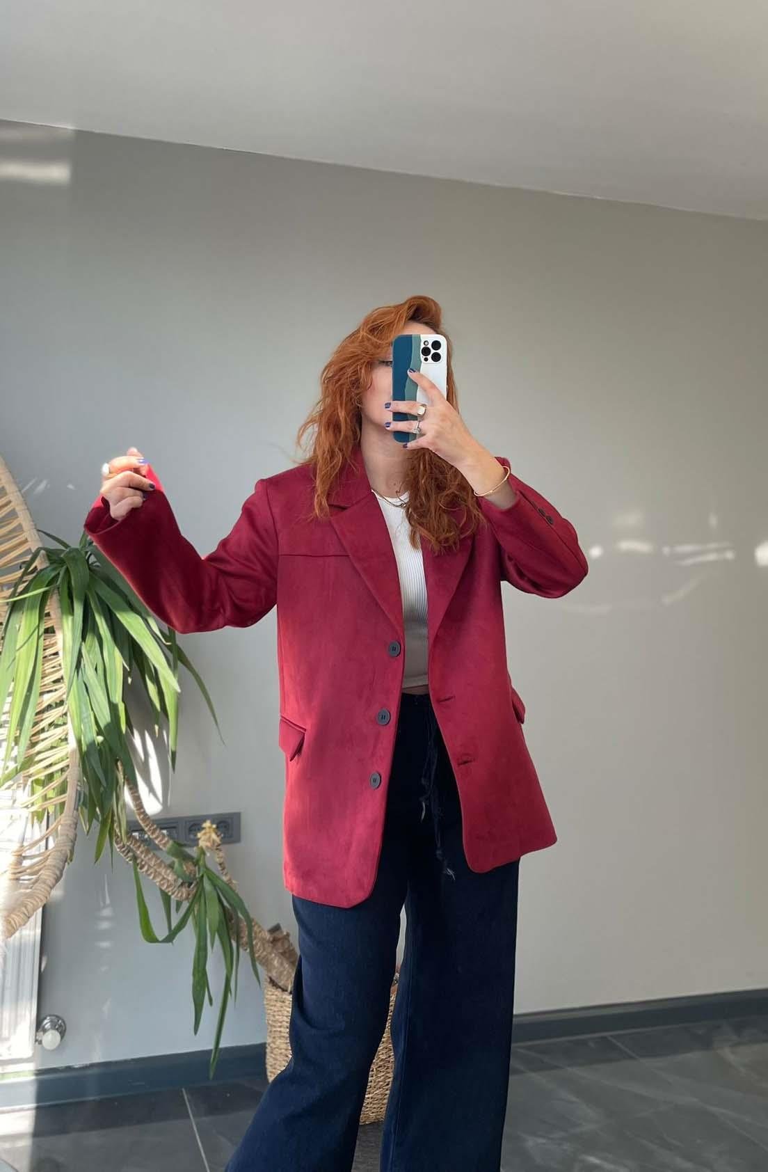 Bordo Süet Blazer Ceket