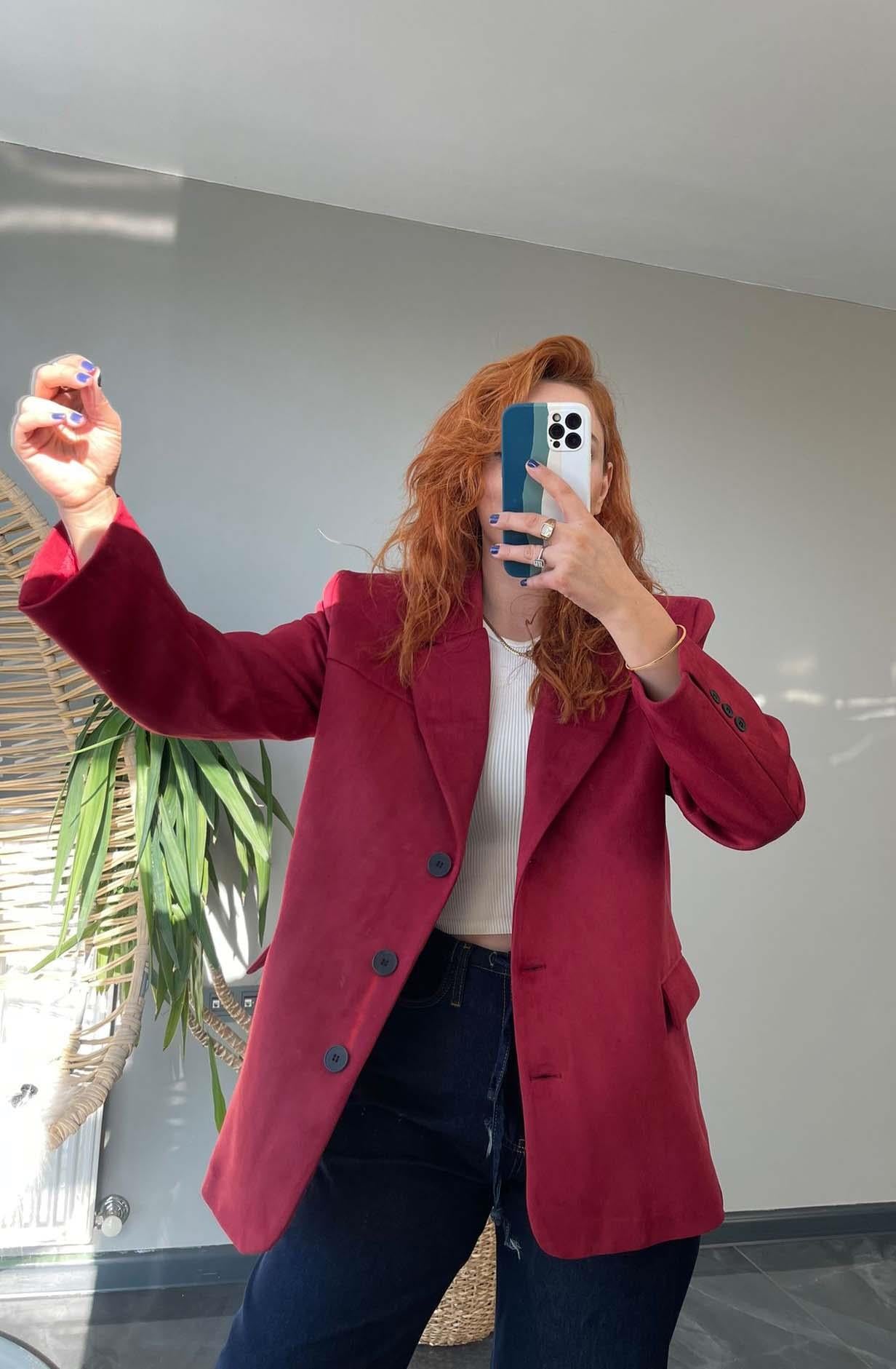 Bordo Süet Blazer Ceket