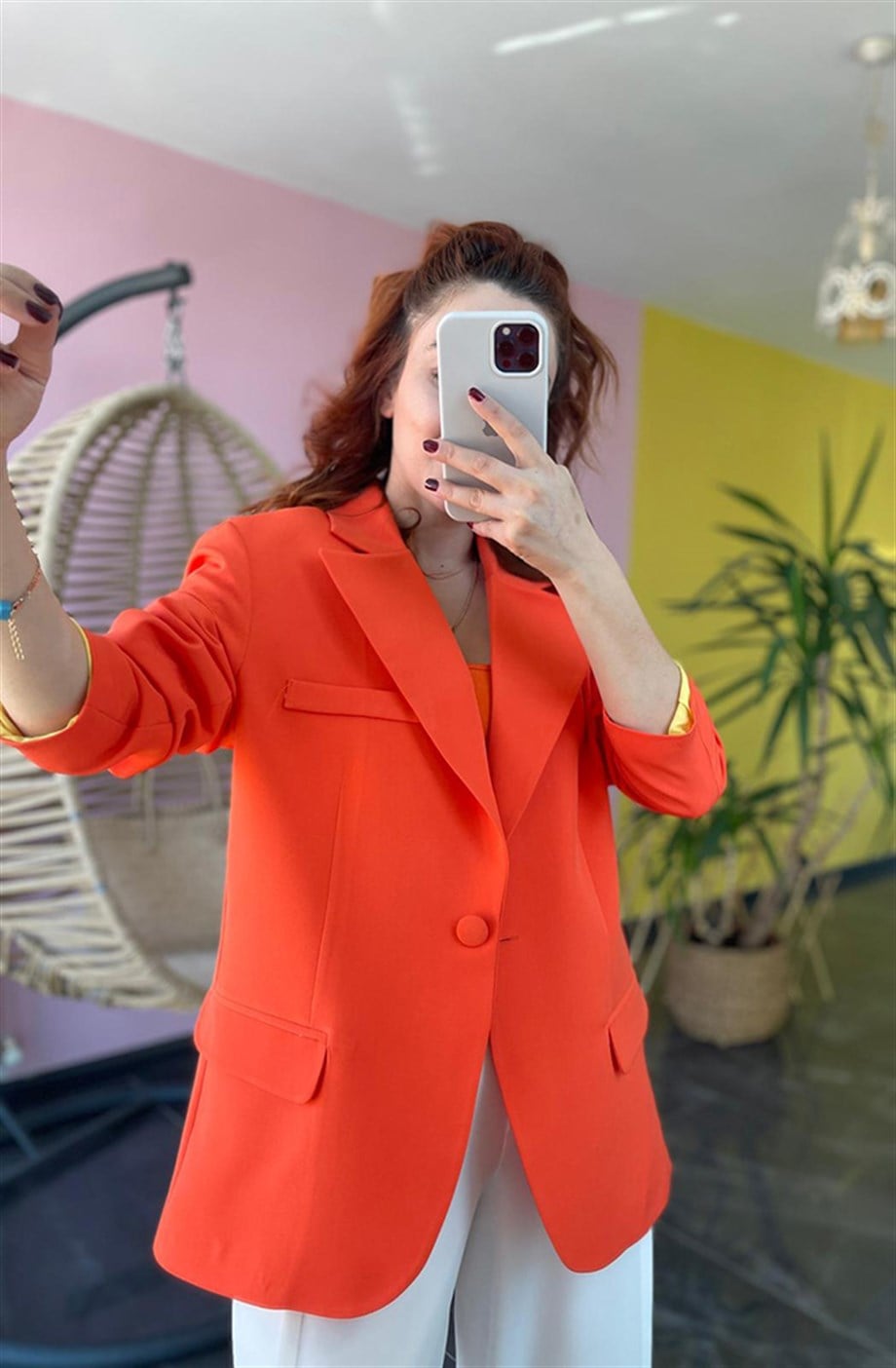 Tek Düğme Detaylı Ola Blazer Ceket Turuncu