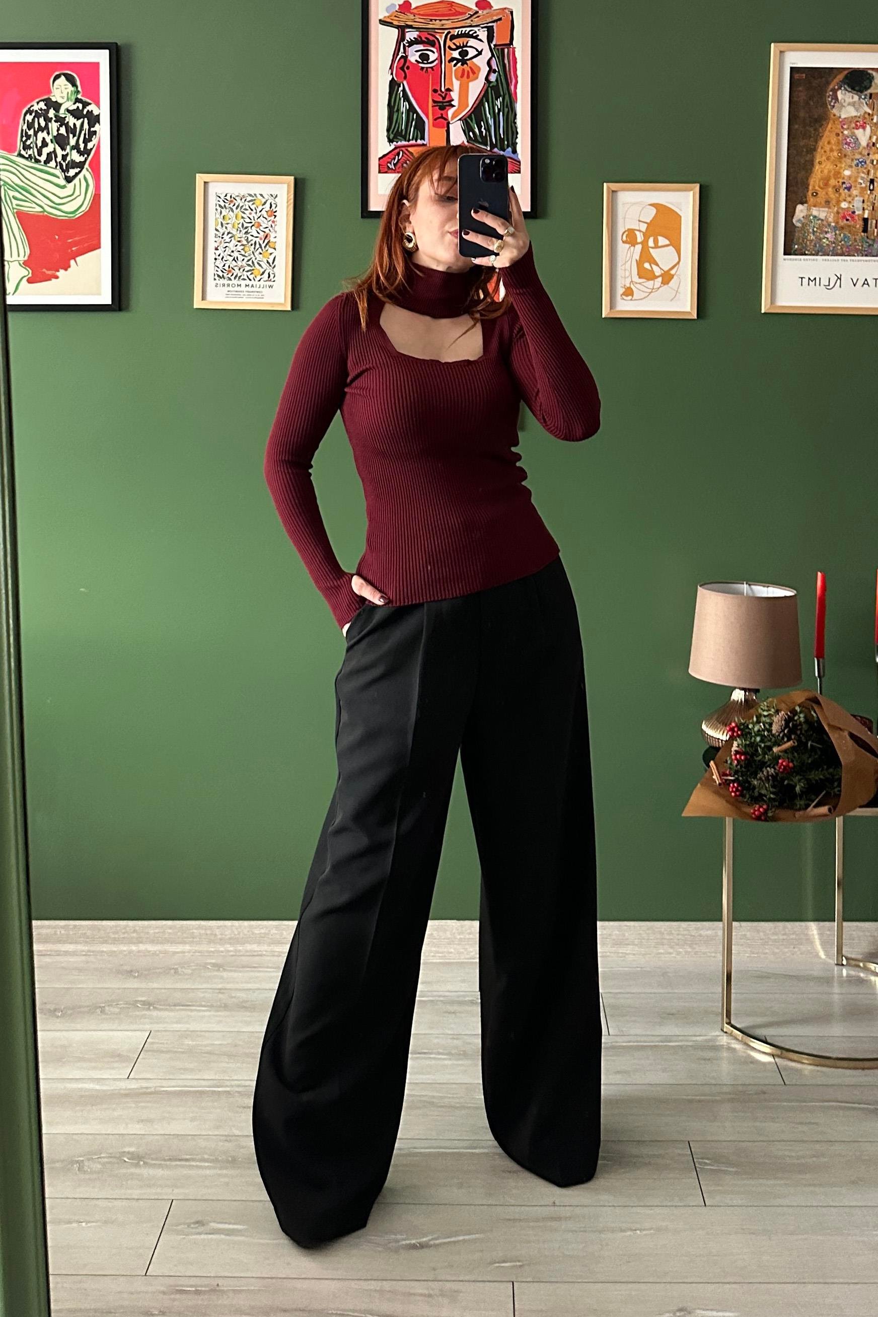 Balıkçı Yaka Fitilli Triko Bordo