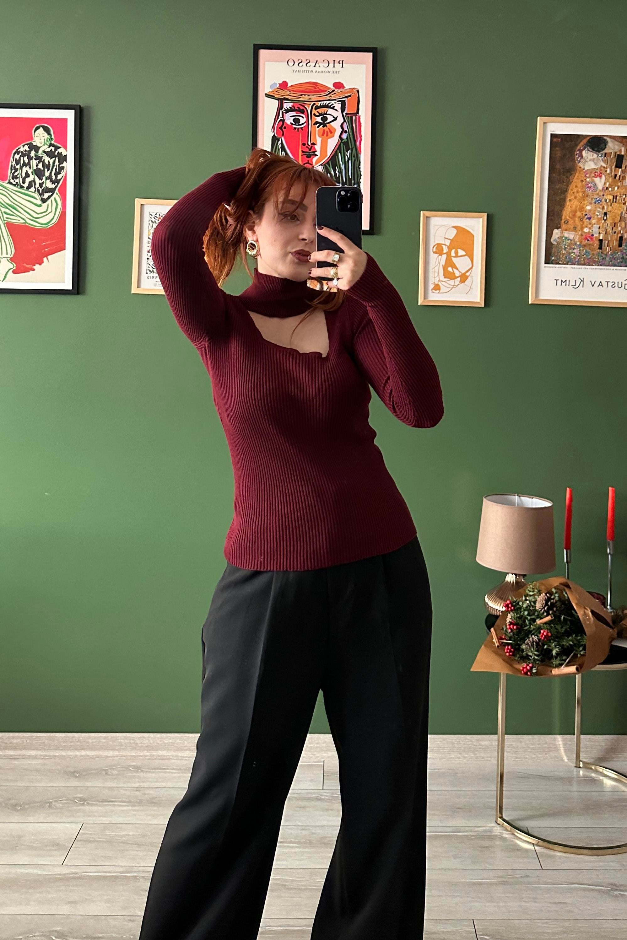 Balıkçı Yaka Fitilli Triko Bordo