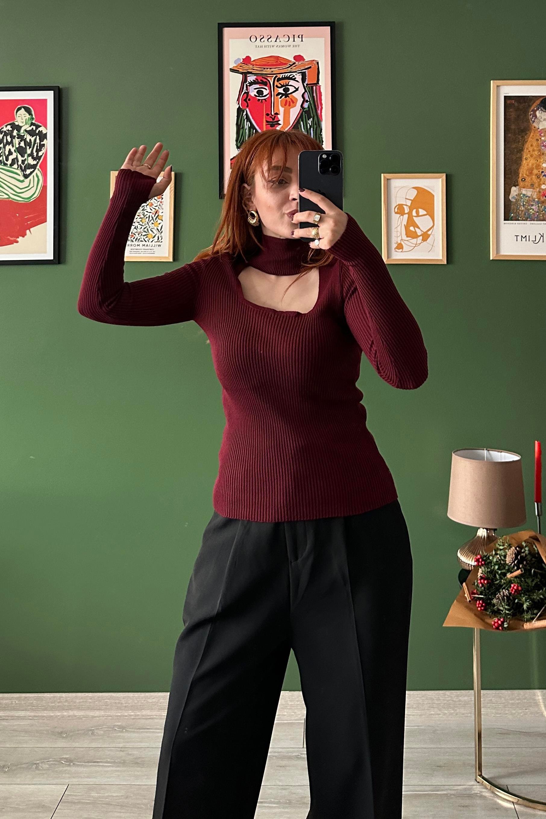 Balıkçı Yaka Fitilli Triko Bordo