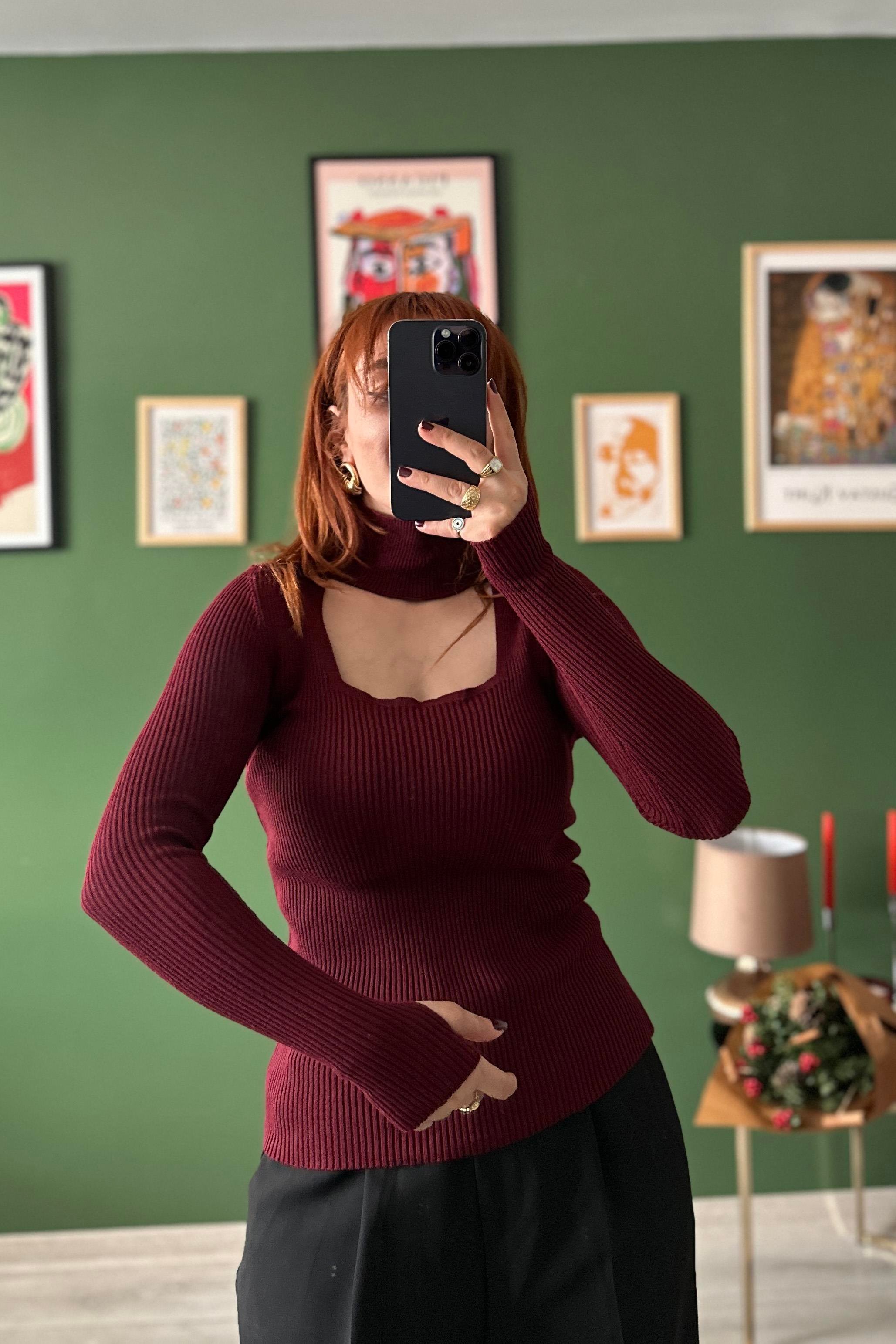 Balıkçı Yaka Fitilli Triko Bordo