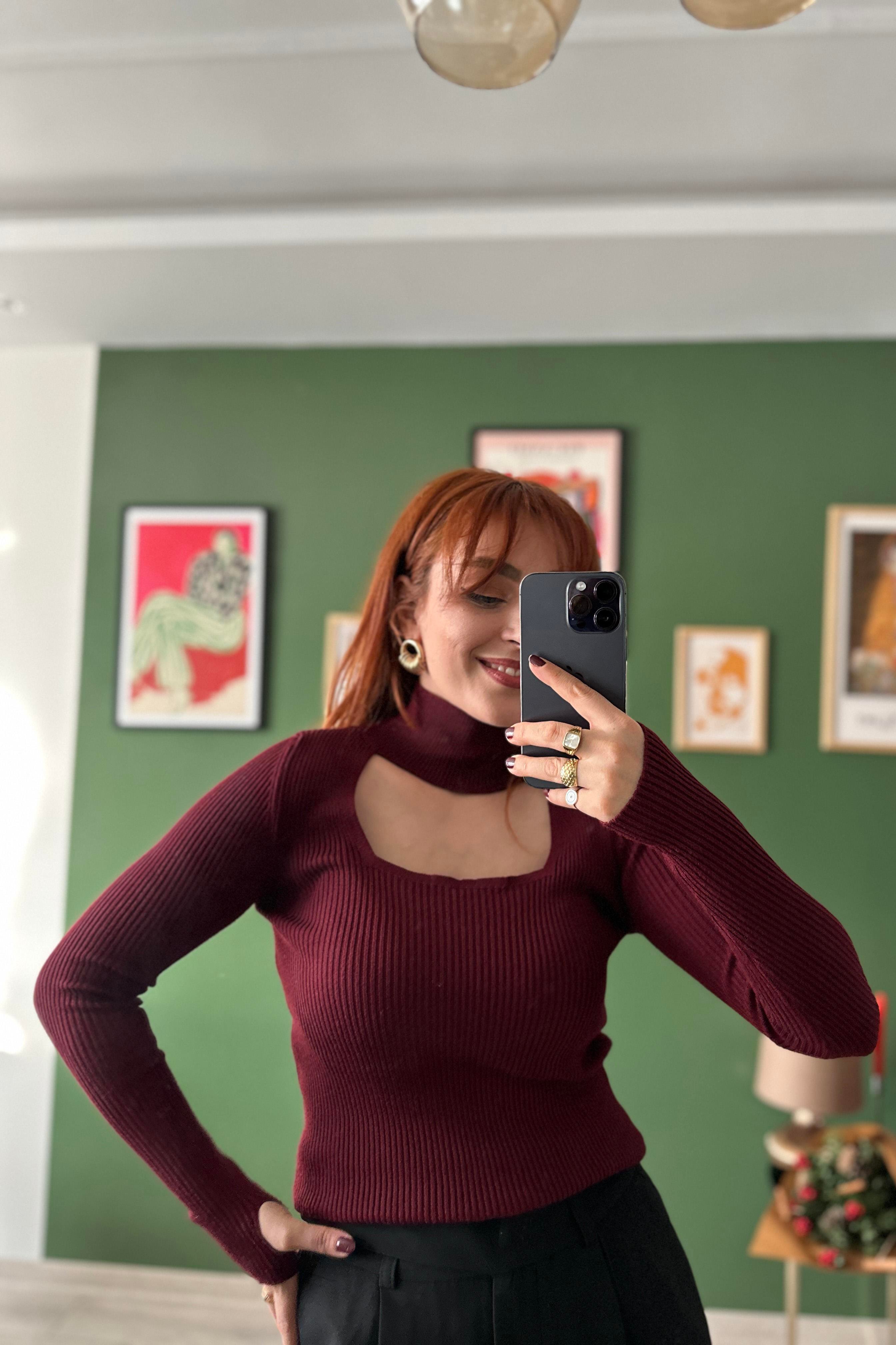 Balıkçı Yaka Fitilli Triko Bordo