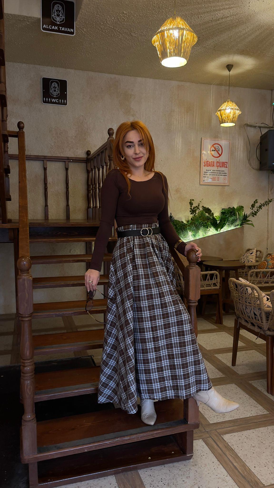 Ekose Desen Kemerli Etek