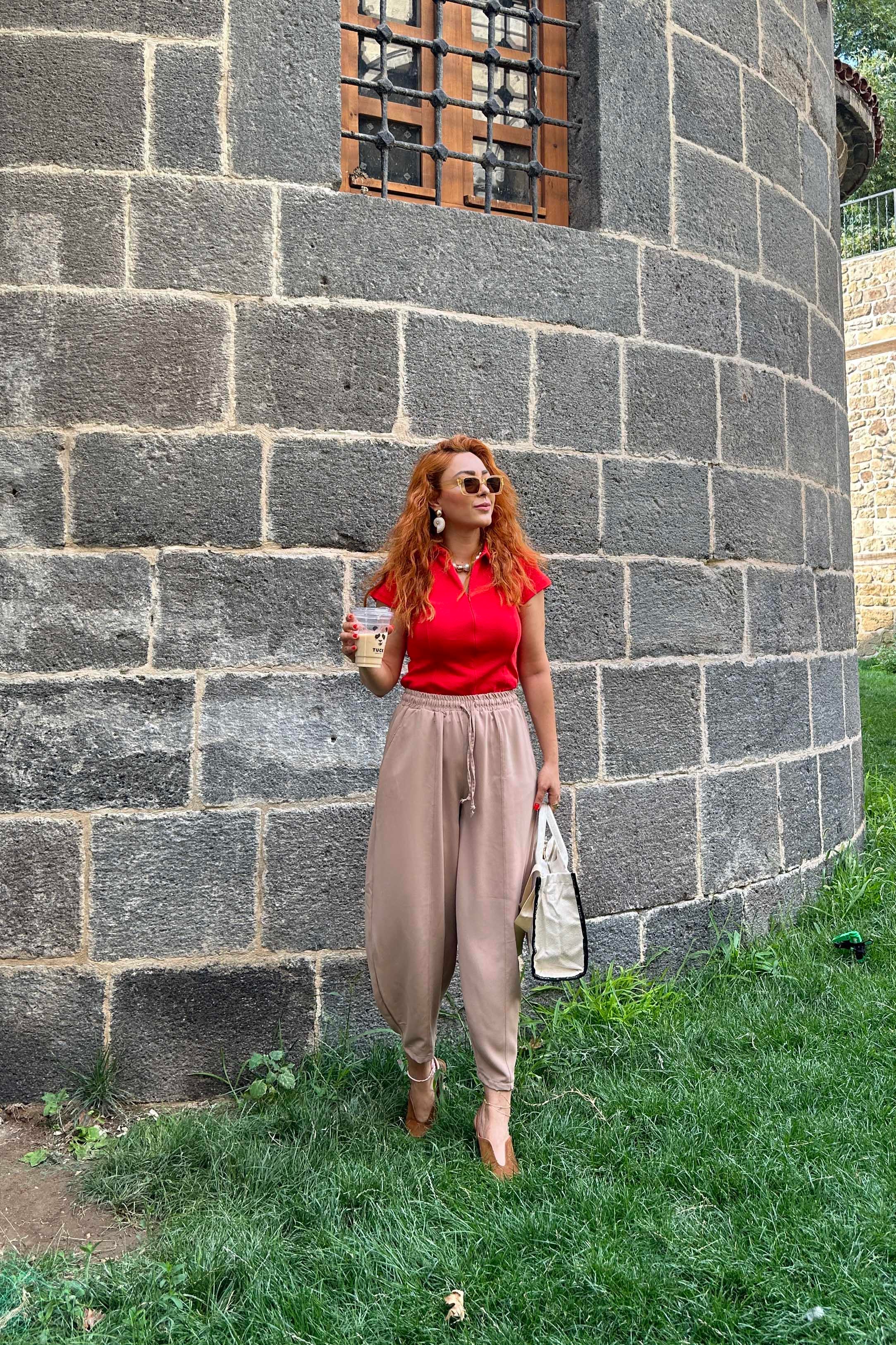 Yüksek Bel Şalvar Kesim Süt Kahve Pantolon