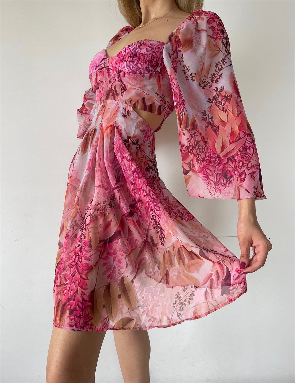 Çiçekli Lotus Elbise Pembe