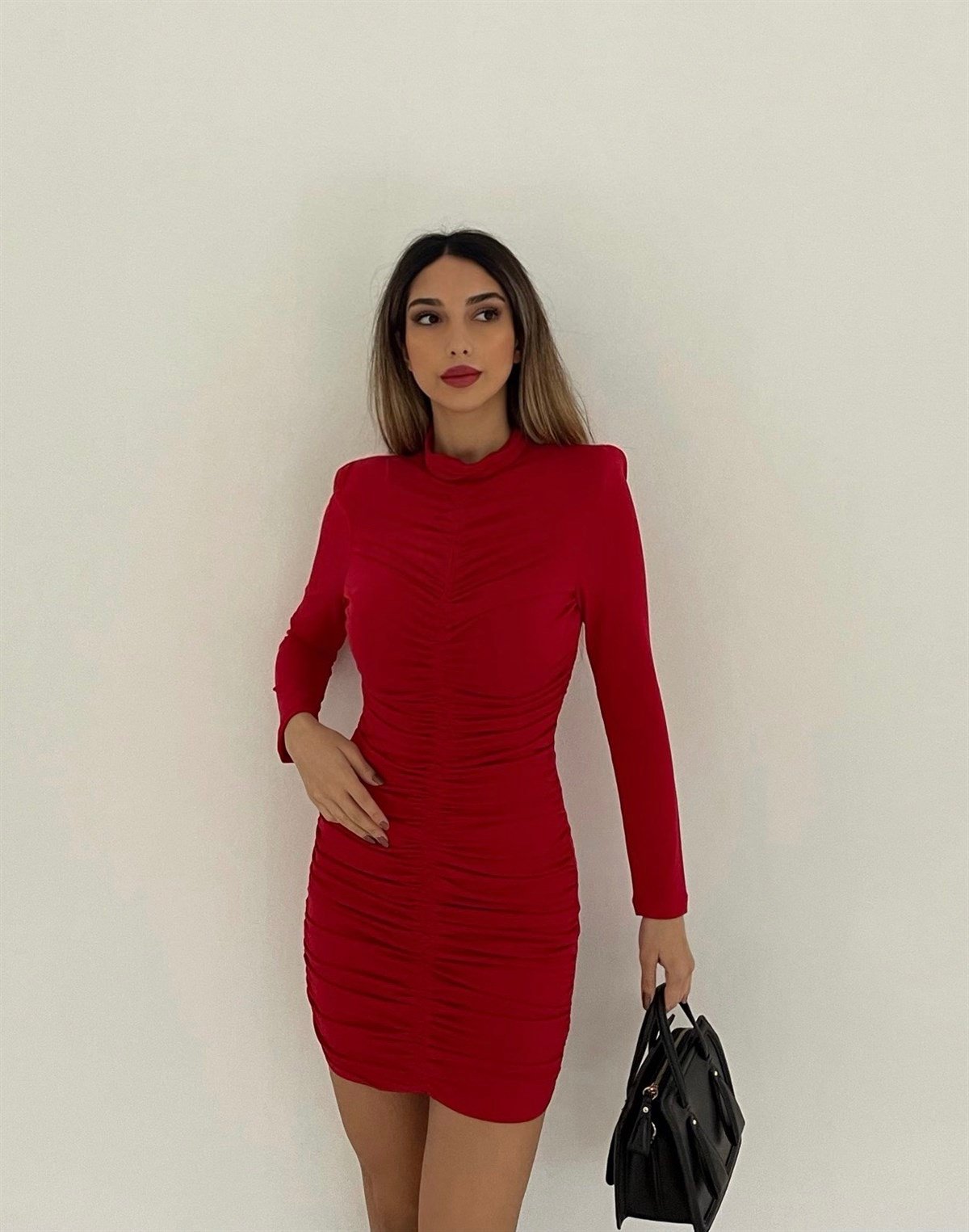 Drapeli Flame Mini Elbise-Kırmızı