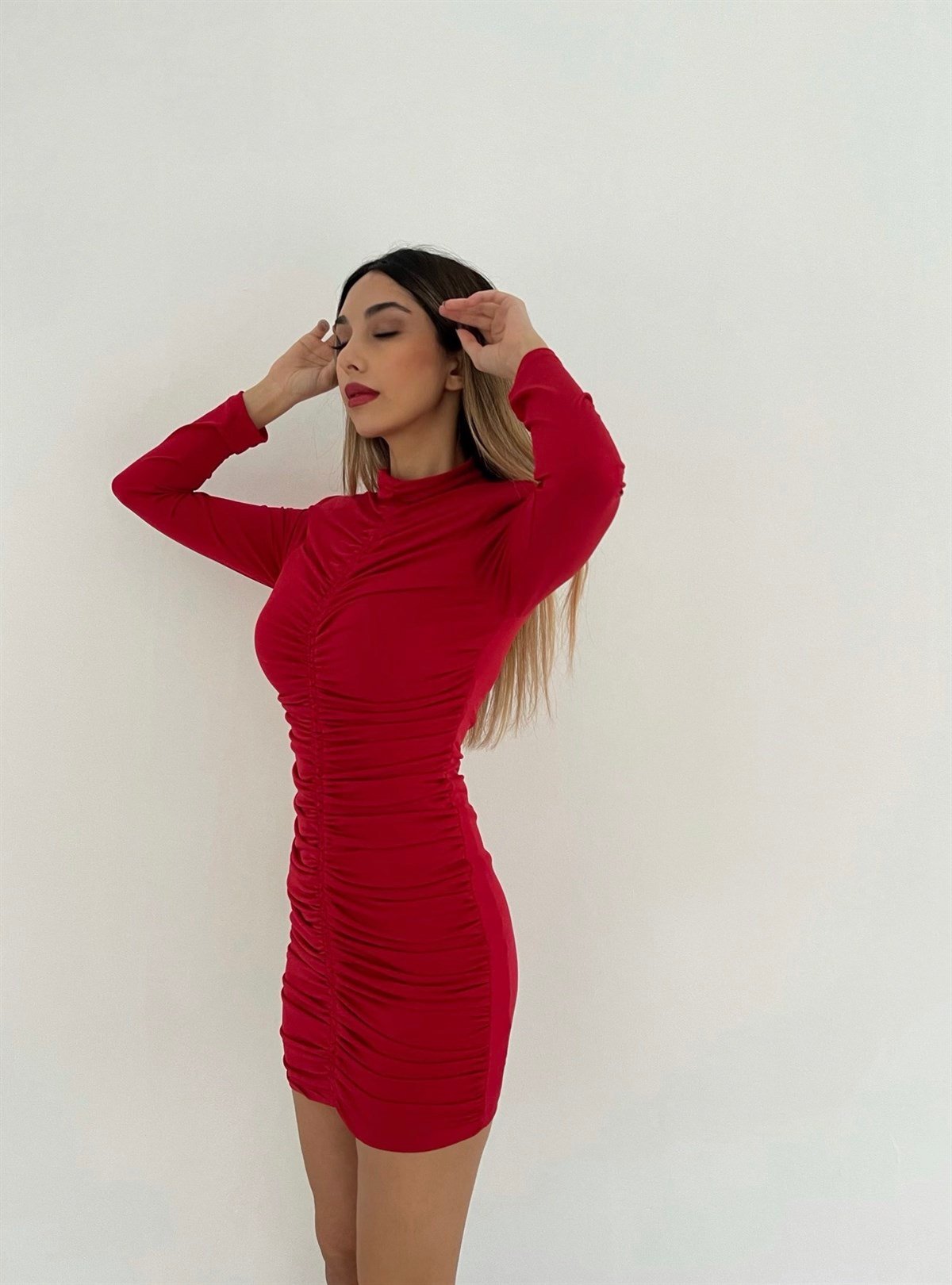 Drapeli Flame Mini Elbise-Kırmızı