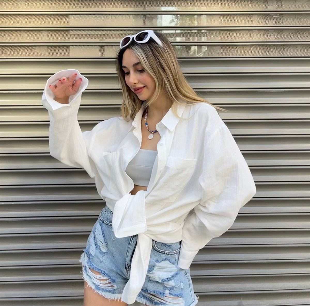 Oversize Cift Cepli West Keten Gömlek-Beyaz