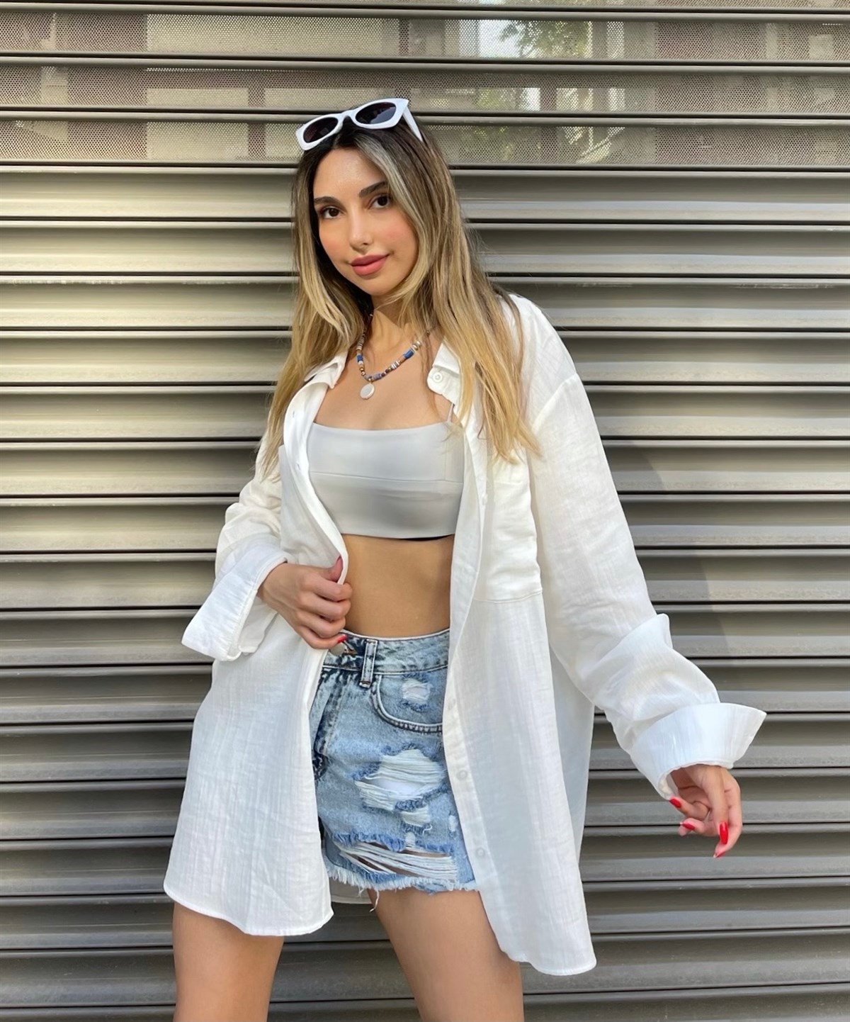 Oversize Cift Cepli West Keten Gömlek-Beyaz