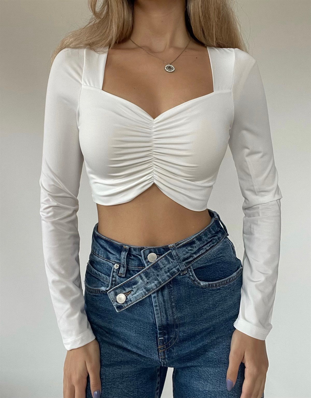 Sandy Crop Bluz Beyaz