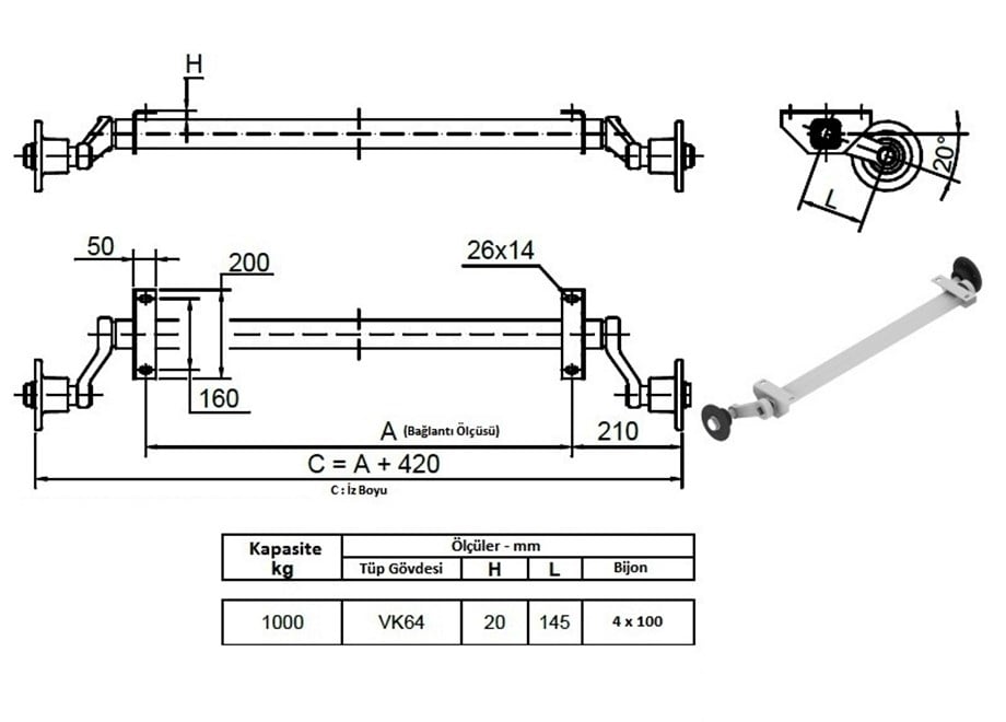 1000 Kg Frensiz Torsiyon Dingil - Schlegl