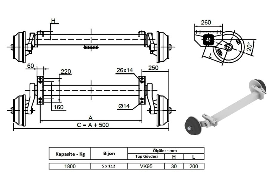 1800 Kg Frenli Torsiyon Dingil - Schlegl