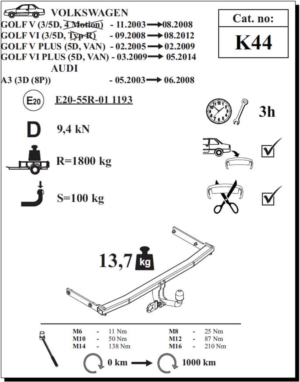 Audi A3 3D Çeki Demiri , Kuğu Boynu - Sabit , 2003 -2008
