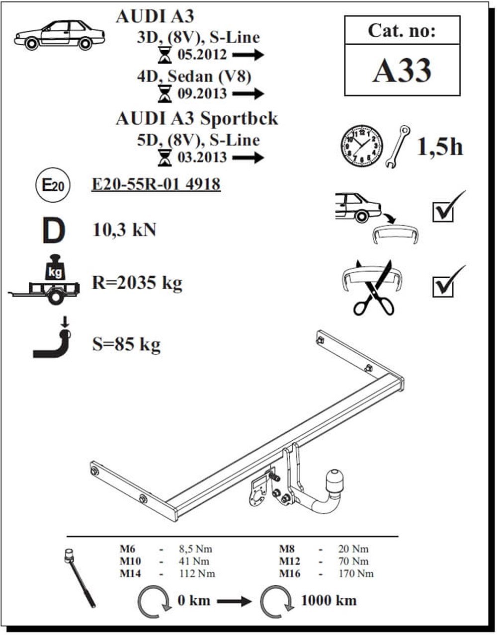 Audi A3 3D Çeki Demiri , Kuğu Boynu - Sabit , 2012 - Bugüne