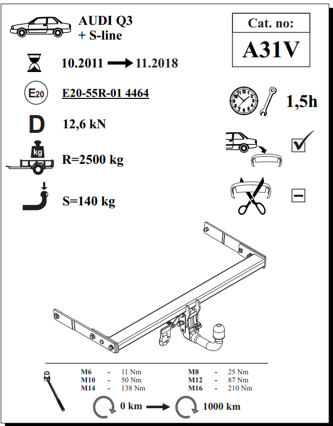 Audi Q3 Çeki Demiri , Dikey Sökülebilir, 2011 - 2018