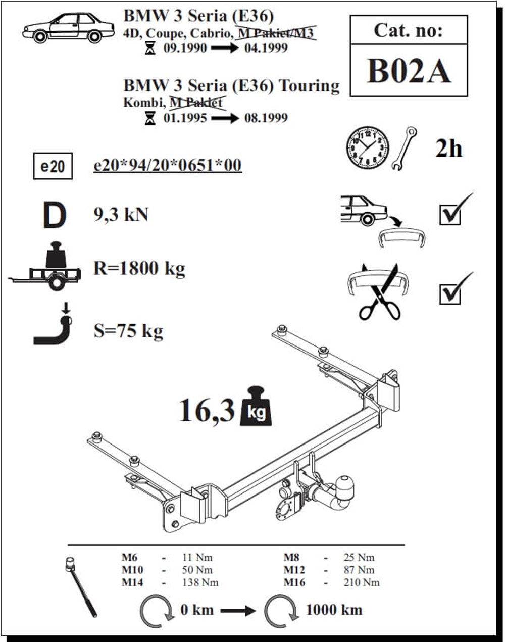 BMW 3 Serisi Touring ( E36 )  Çeki Demiri , Yatay Sökülebilir , 1995 - 1999