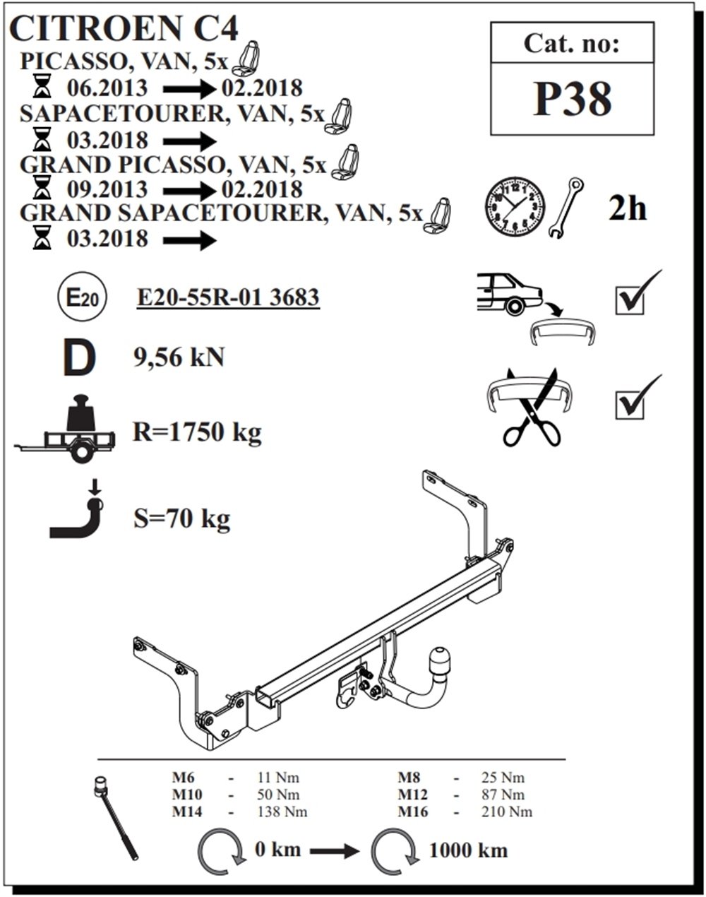 Citroen C4 Picasso Çeki Demiri , Kuğu Boynu - Sabit , 2013 - 2018