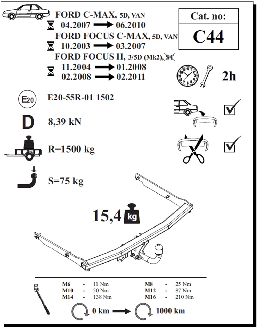 Ford Focus 3/5D Çeki Demiri , Kuğu Boynu - Sabit , 2004 - 2011