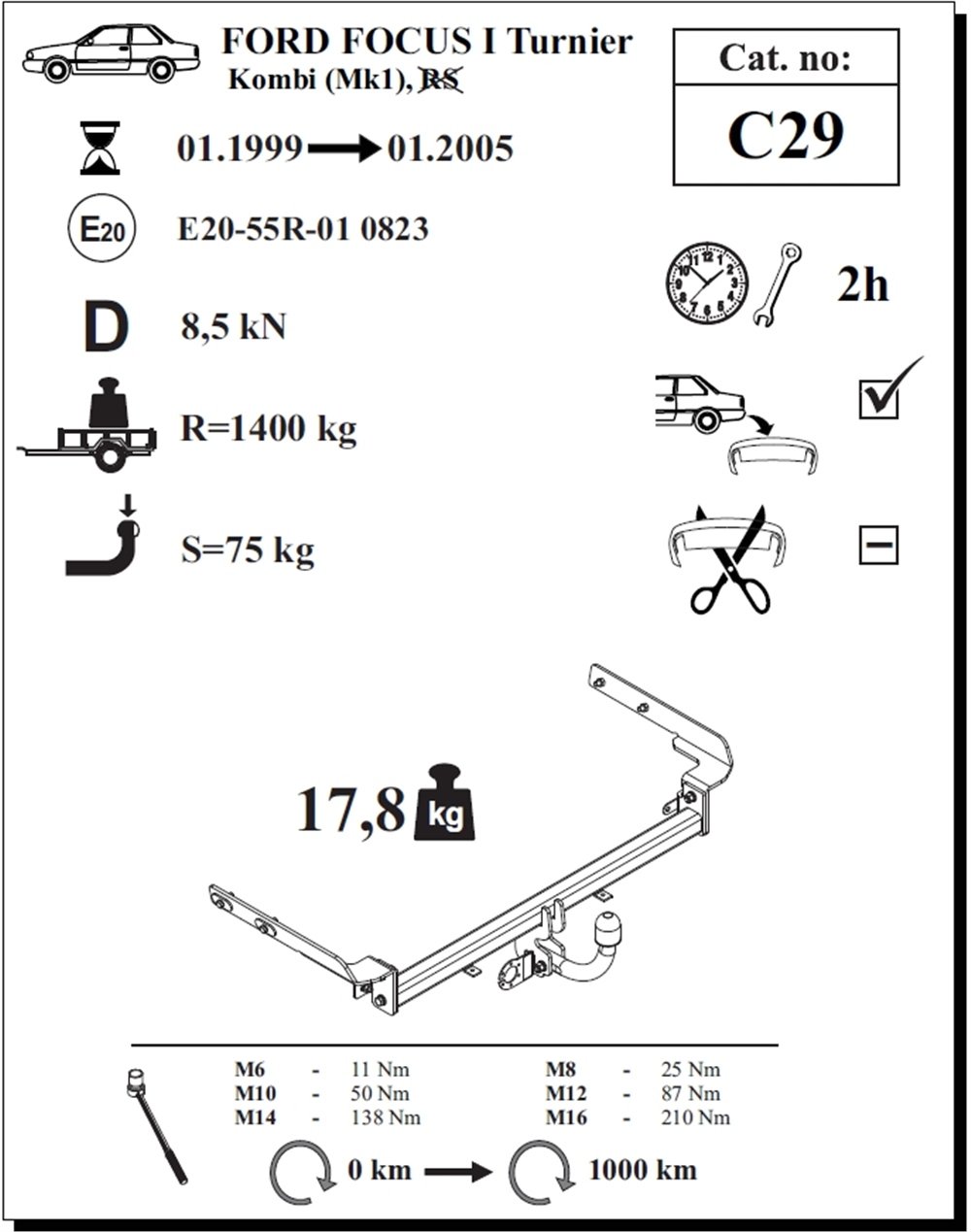 Ford Focus Turnier Çeki Demiri , Kuğu Boynu - Sabit , 1999 - 2005