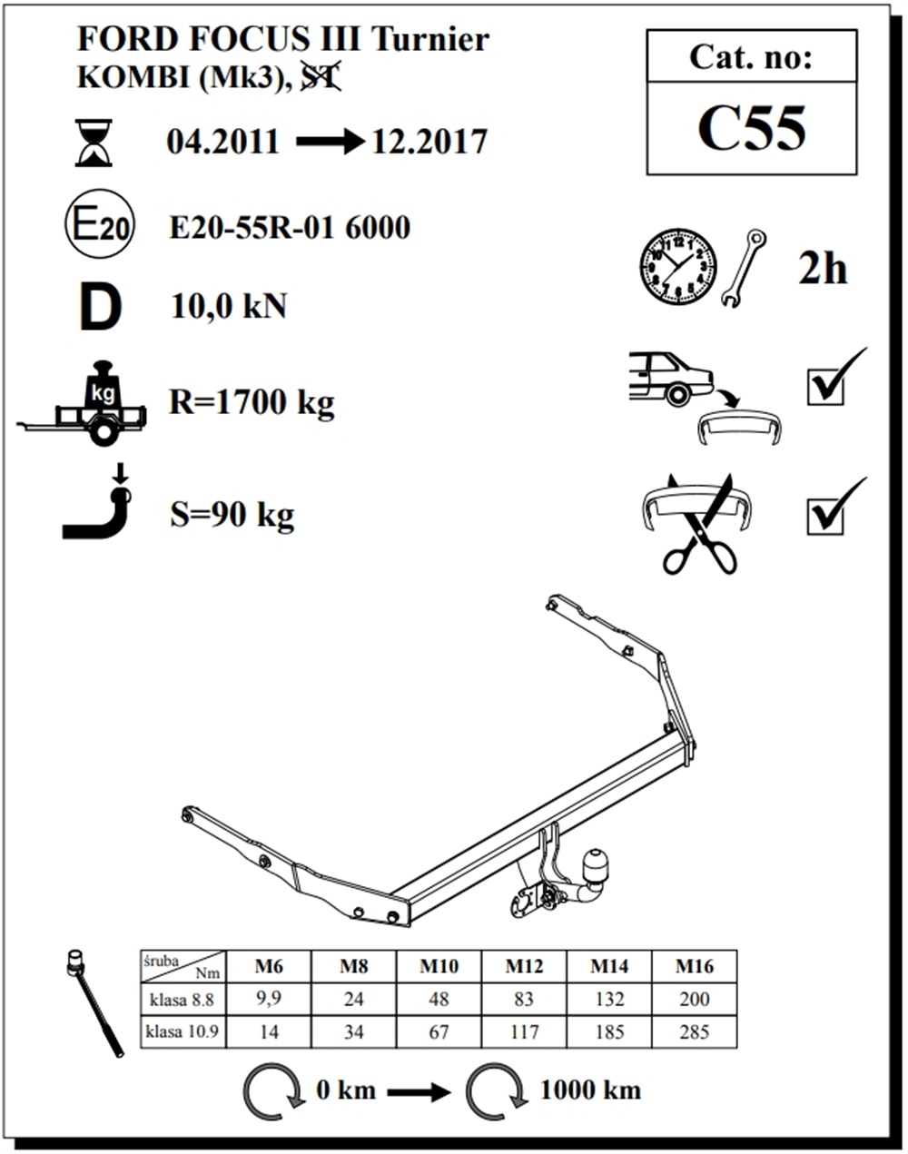 Ford Focus Turnier Çeki Demiri , Kuğu Boynu - Sabit , 2011 - 2017