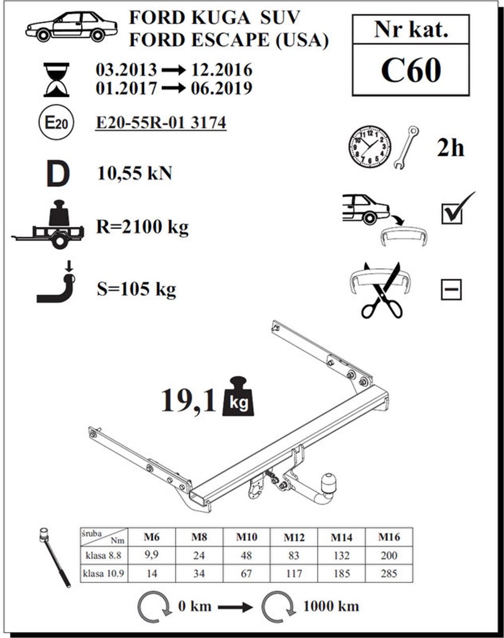 Ford Kuga Çeki Demiri , Kuğu Boynu - Sabit , 2013 - 2019