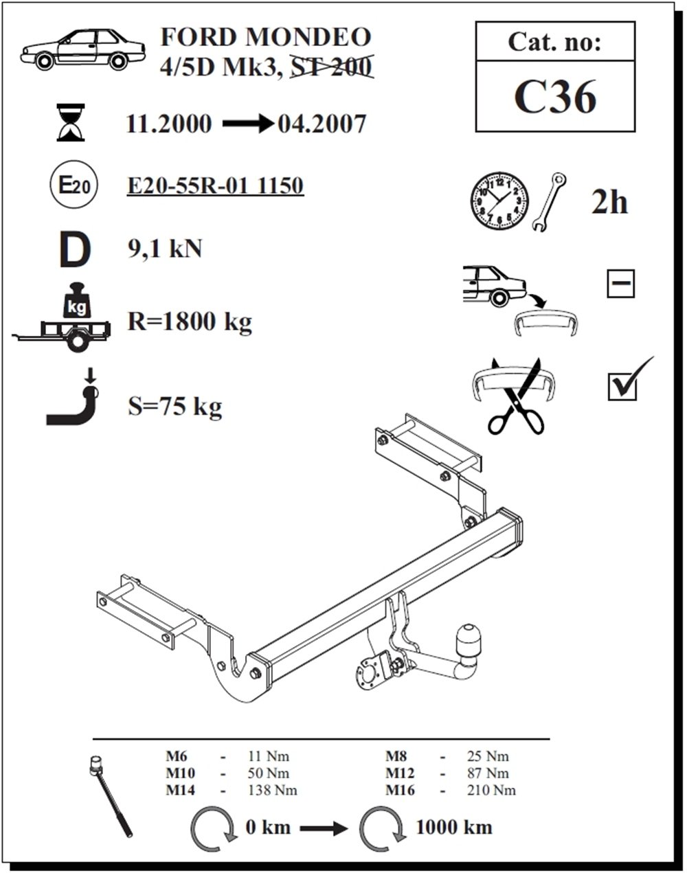 Ford Mondeo 4/5D Çeki Demiri , Kuğu Boynu - Sabit , 2000 - 2007