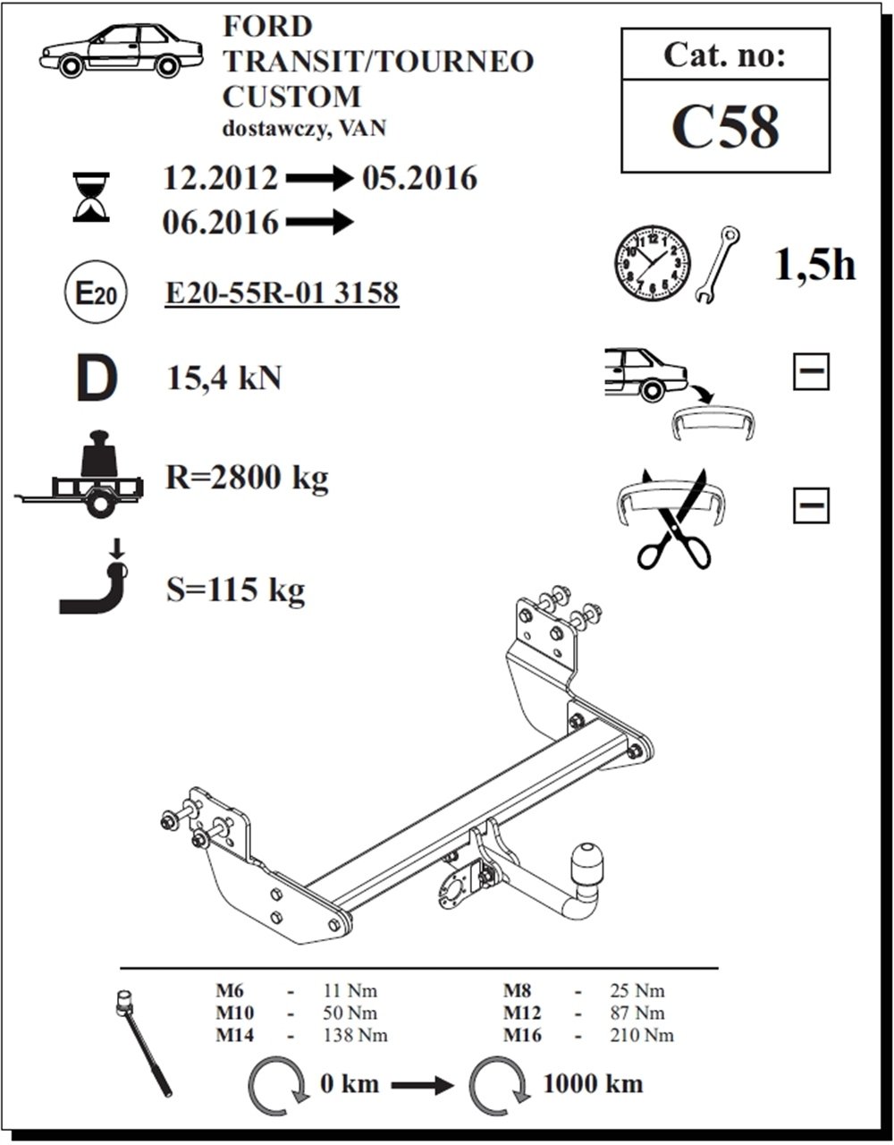 Ford Tourneo Custom Çeki Demiri , Kuğu Boynu - Sabit , 2012 - Bugüne