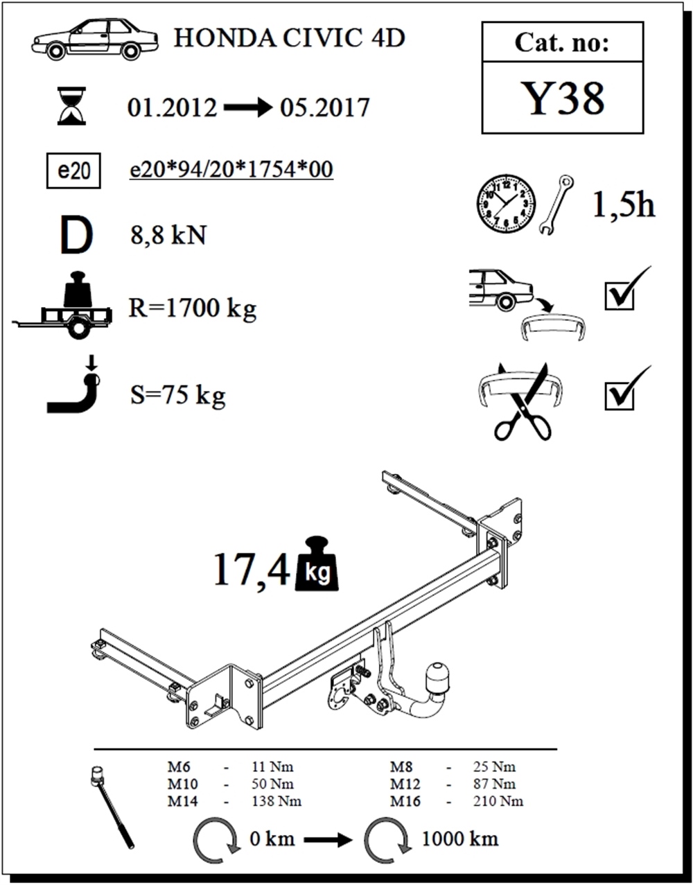 Honda Civic 4K Çeki Demiri , Kuğu Boynu - Sabit , 2012 - 2017