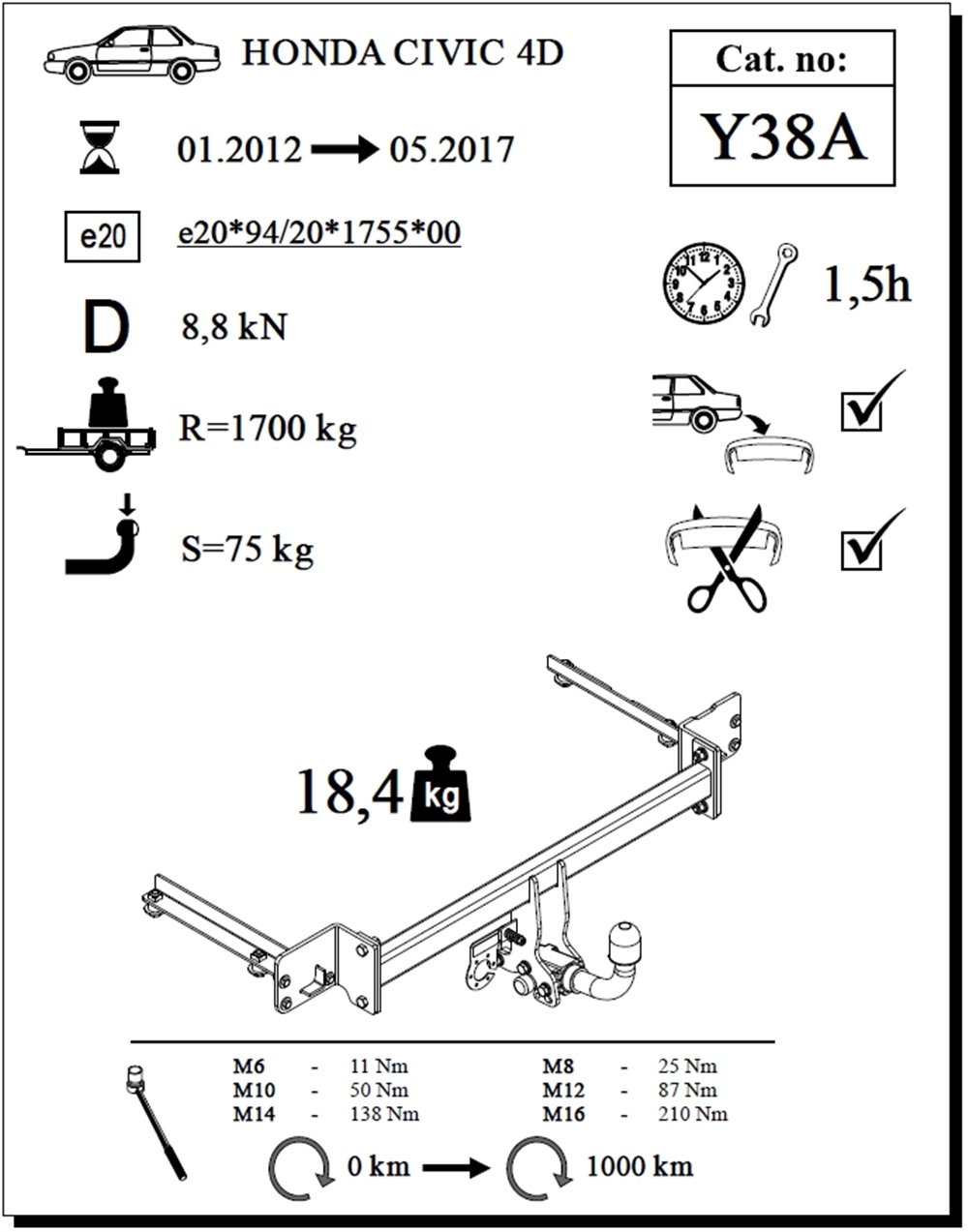 Honda Civic 4K Çeki Demiri , Yatay Sökülebilir , 2012 - 2017