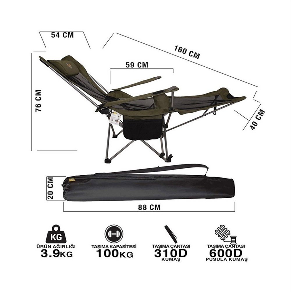 Kamp Sandalyesi - Katlanabilen - Yatabilen - 3 pozisyonlu - Haki