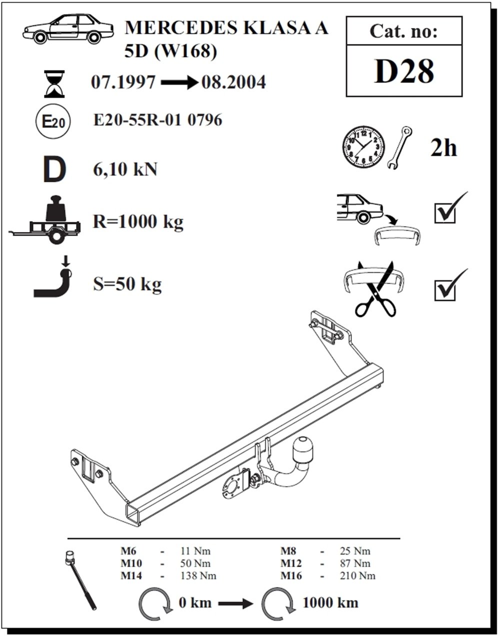 Mercedes A-Class Çeki Demiri , Kuğu Boynu - Sabit , 1997 - 2004