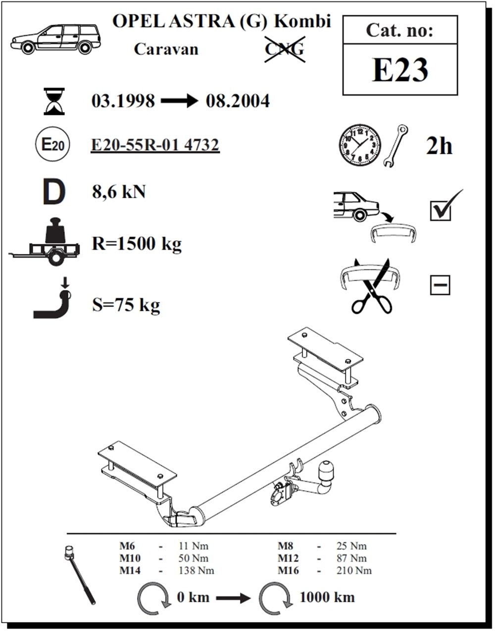 Opel Astra (G) Kombi Çeki Demiri , Kuğu Boynu - Sabit , 1998 - 2004