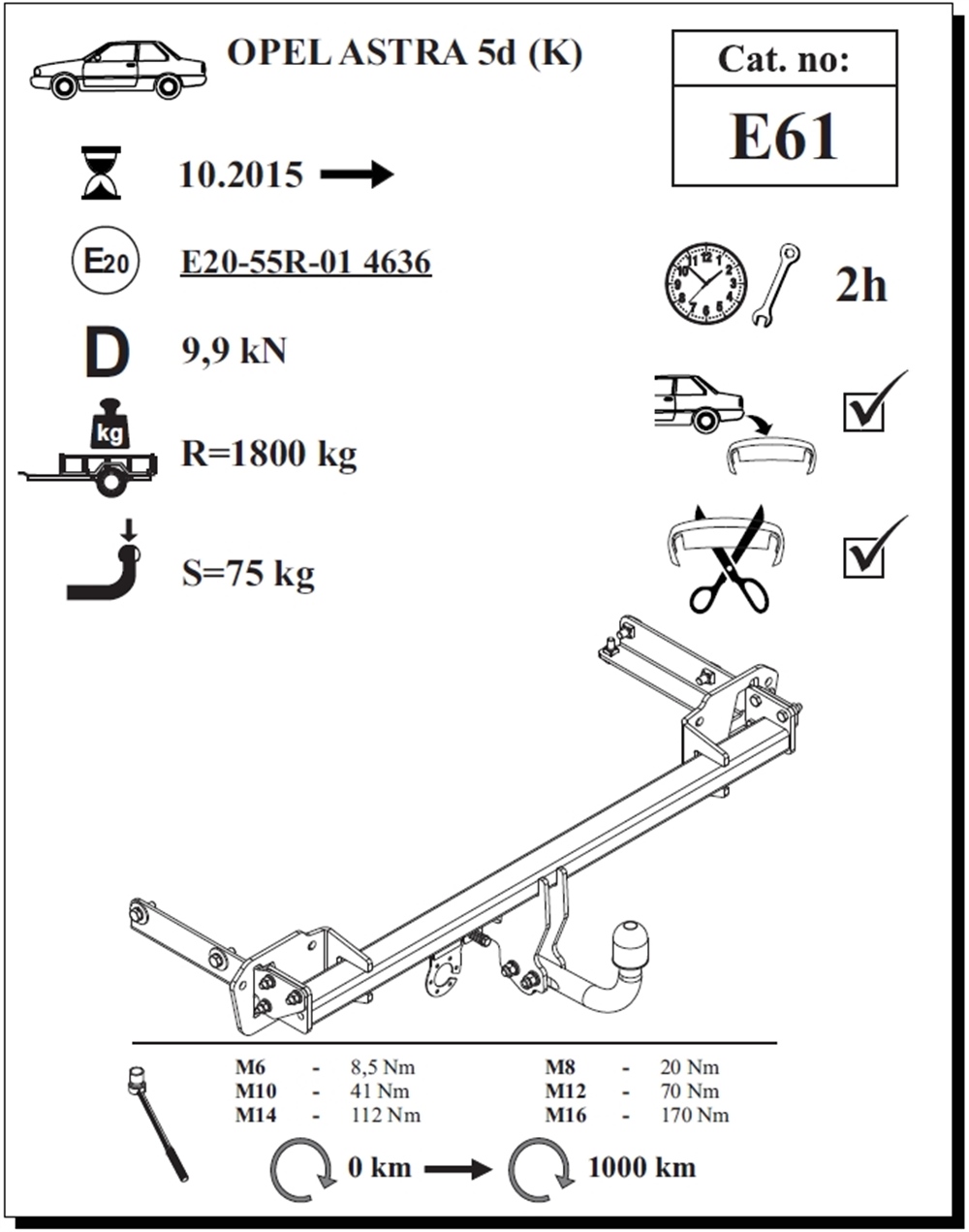 Opel Astra (K) 5K Çeki Demiri , Kuğu Boynu - Sabit , 2015 - Bugüne