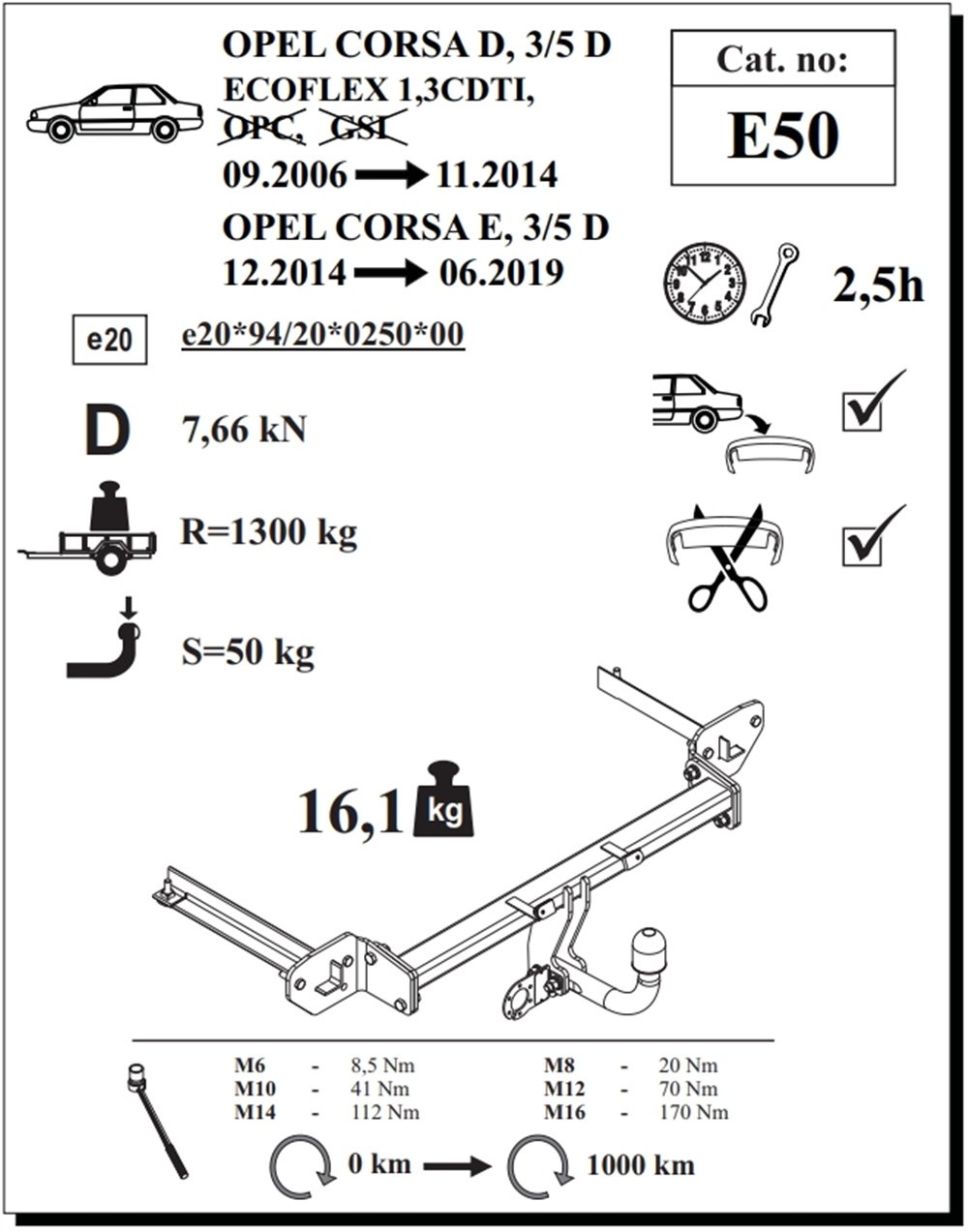 Opel Corsa Çeki Demiri , Kuğu Boynu - Sabit , 2006 - 2019