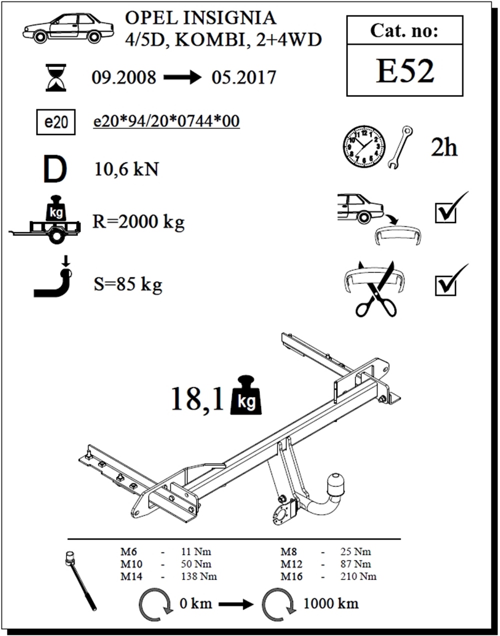 Opel Insignia Çeki Demiri , Kuğu Boynu - Sabit , 2008 - 2017