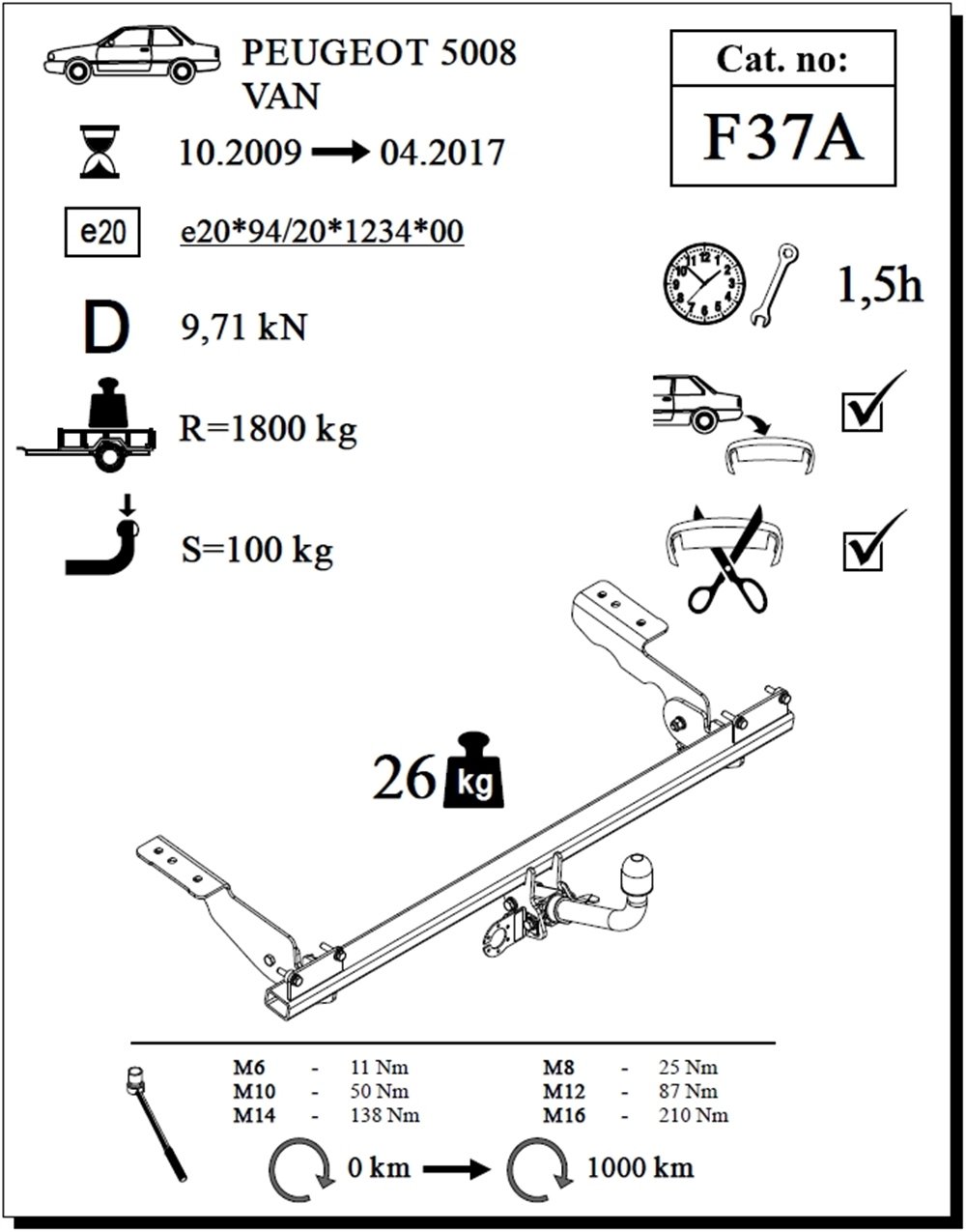 Peugeot 5008 Çeki Demiri , Yatay Sökülebilir , 2009 - 2017