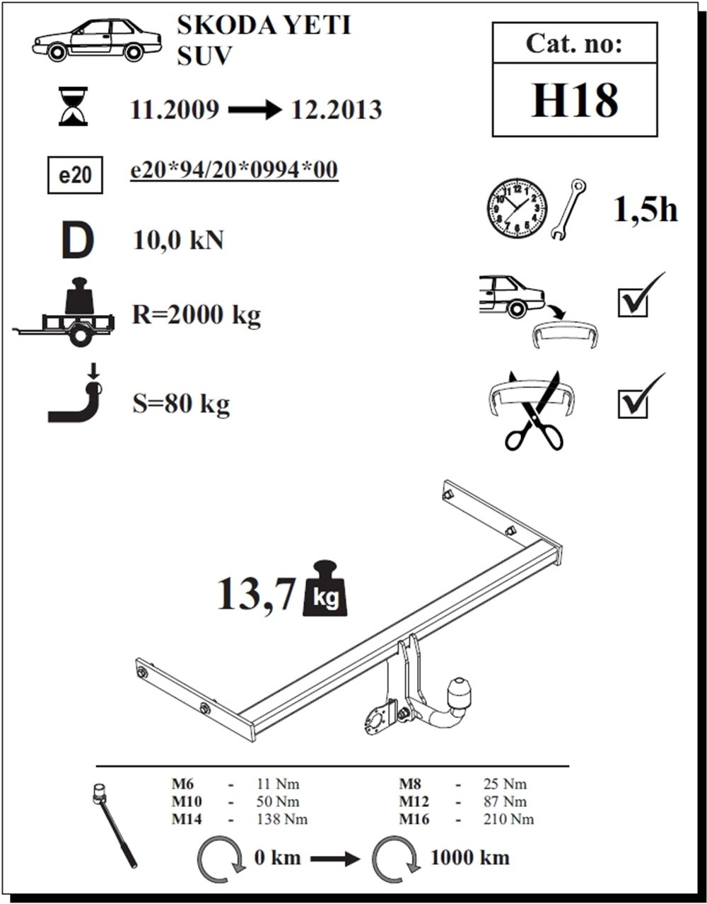 Skoda Yeti Çeki Demiri , Kuğu Boynu - Sabit , 2009 - 2013