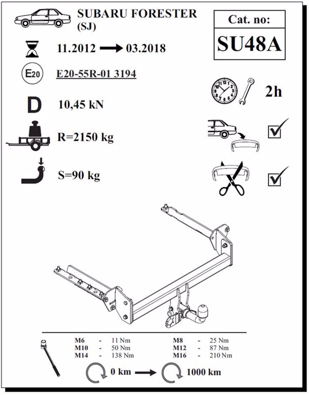 Subaru Forester Çeki Demiri , Yatay Sökülebilir , 2013 - 2018